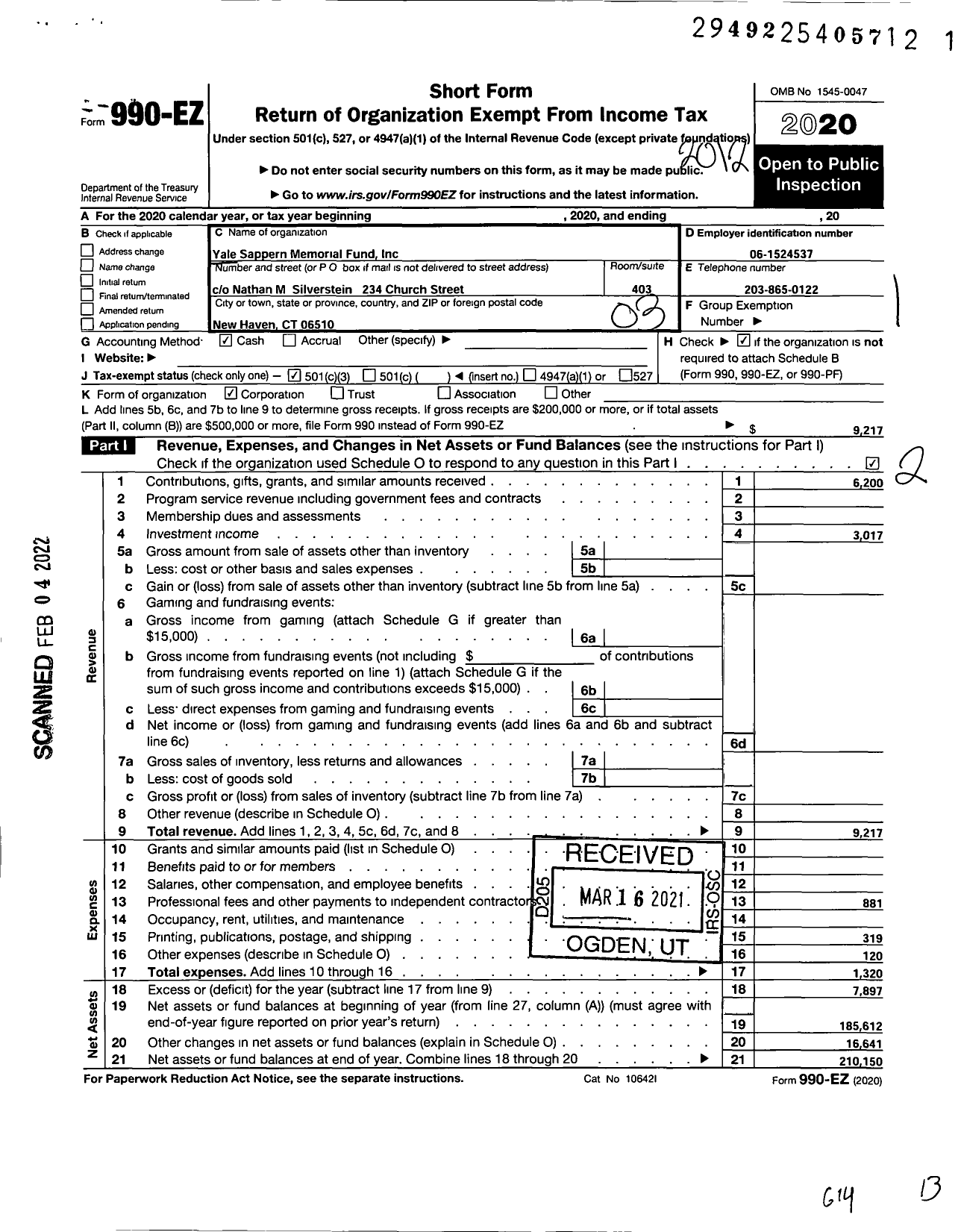 Image of first page of 2020 Form 990EZ for Yale Sappern Memorial Fund