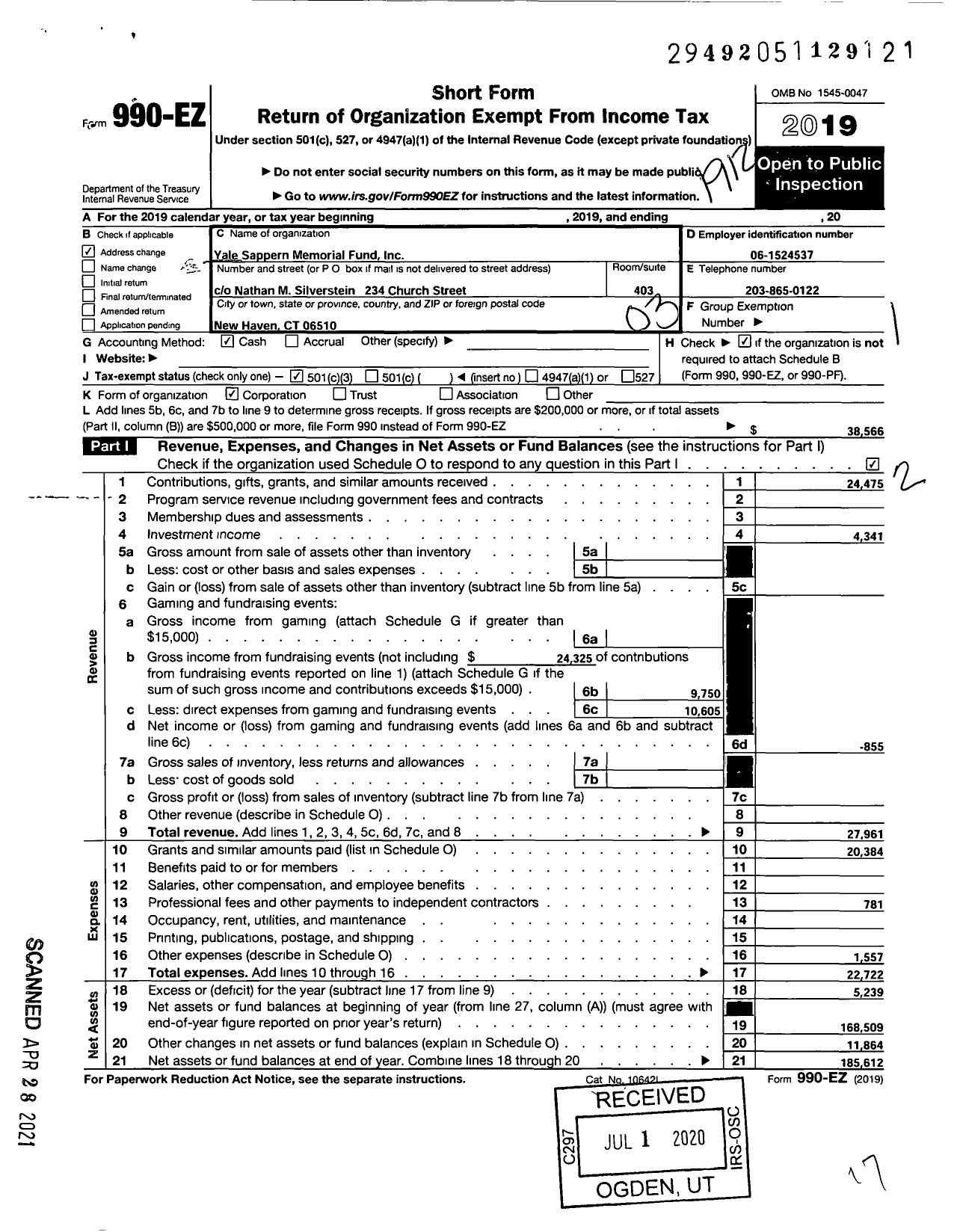 Image of first page of 2019 Form 990EZ for Yale Sappern Memorial Fund