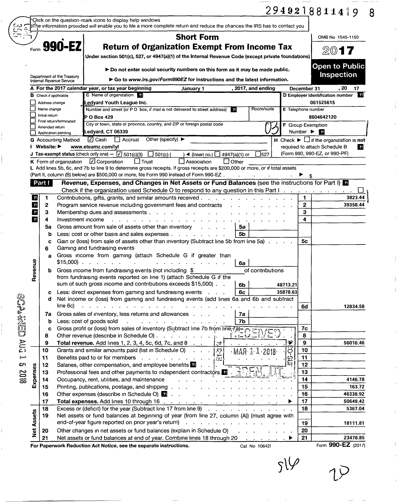 Image of first page of 2017 Form 990EZ for Ledyard Youth League