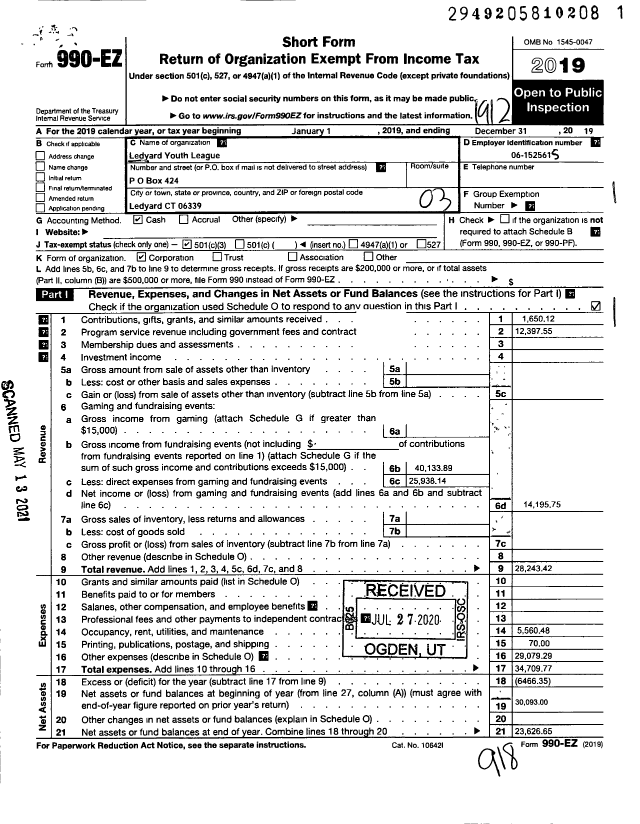 Image of first page of 2019 Form 990EZ for Ledyard Youth League