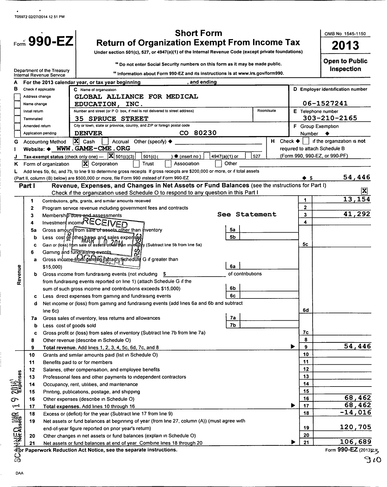 Image of first page of 2013 Form 990EZ for Global Alliance for Medical Education