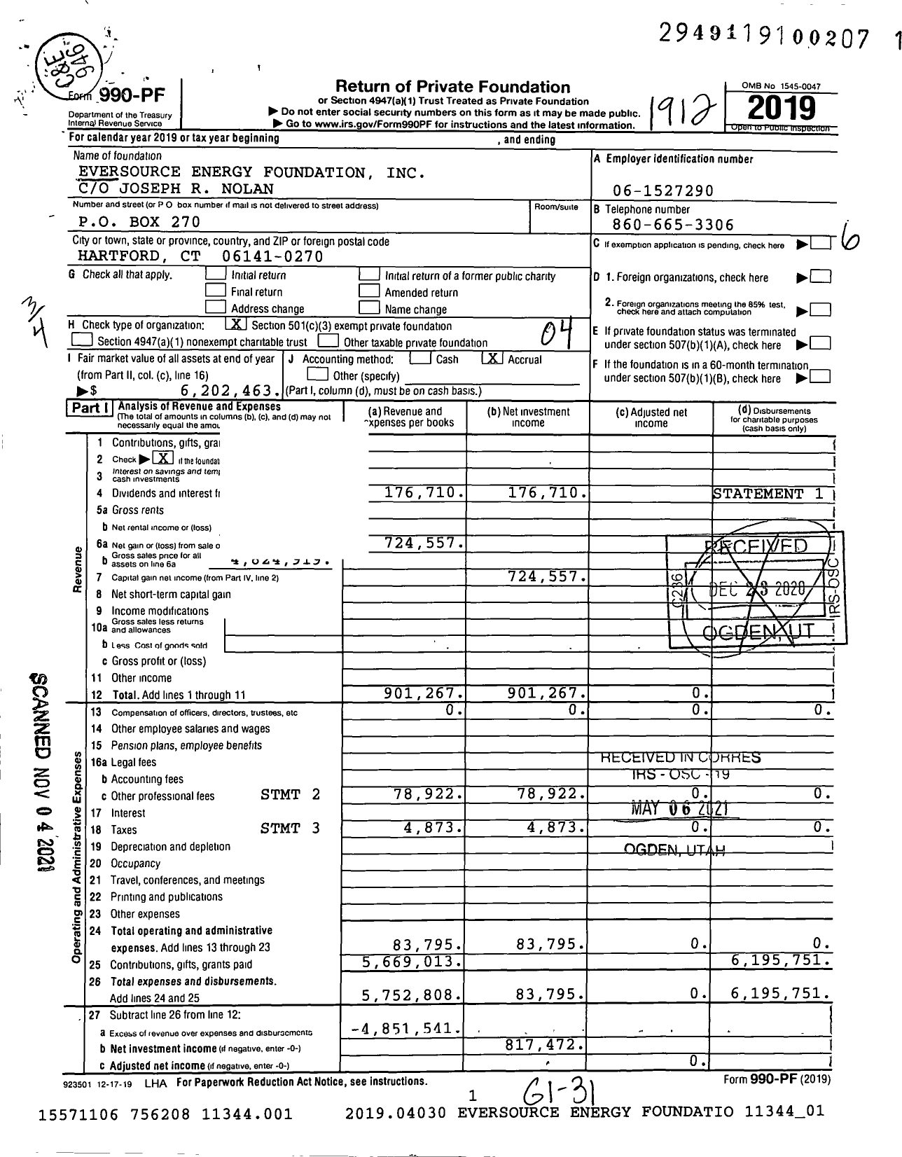 Image of first page of 2019 Form 990PF for Eversource Energy Foundation