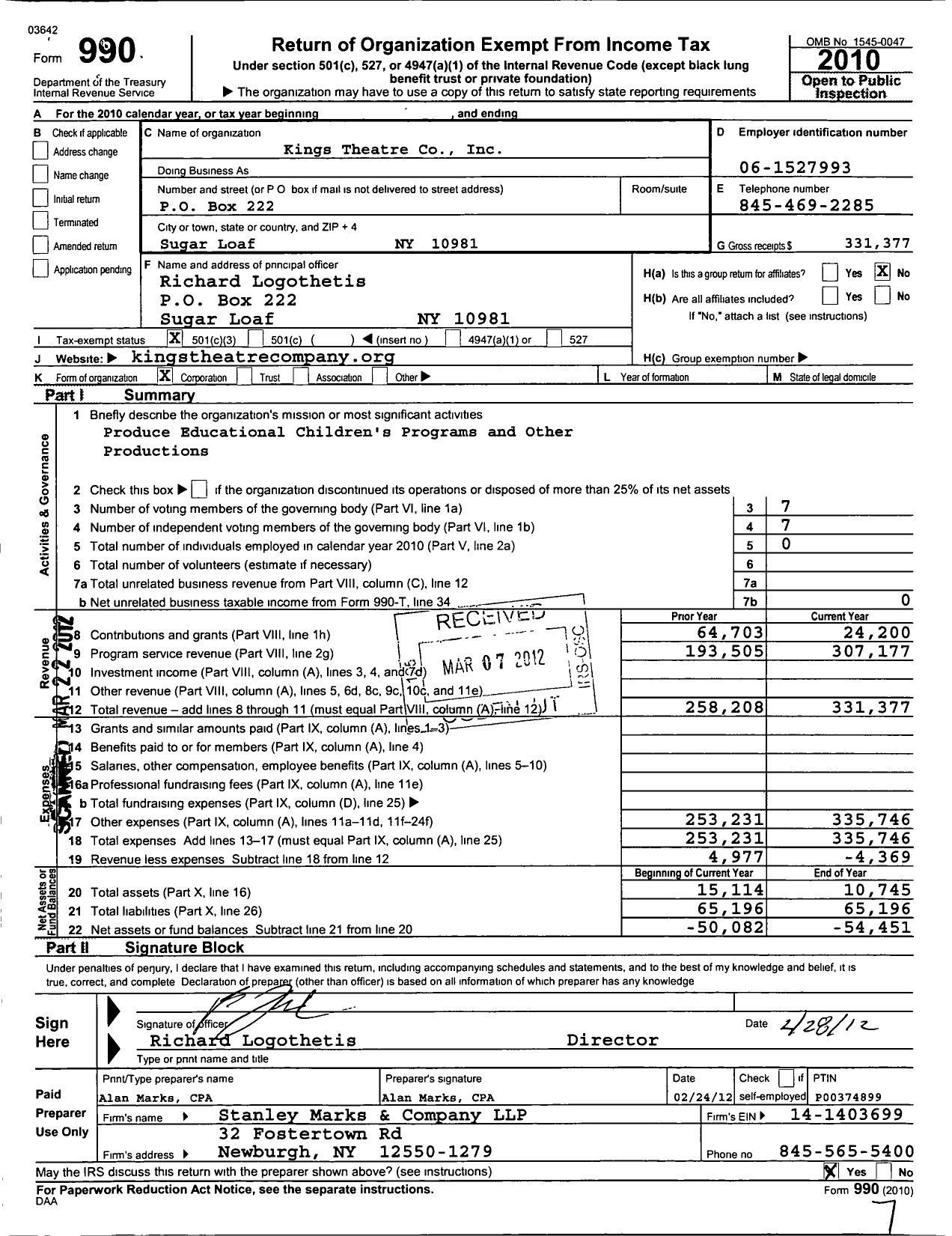 Image of first page of 2010 Form 990 for Kings Theatre