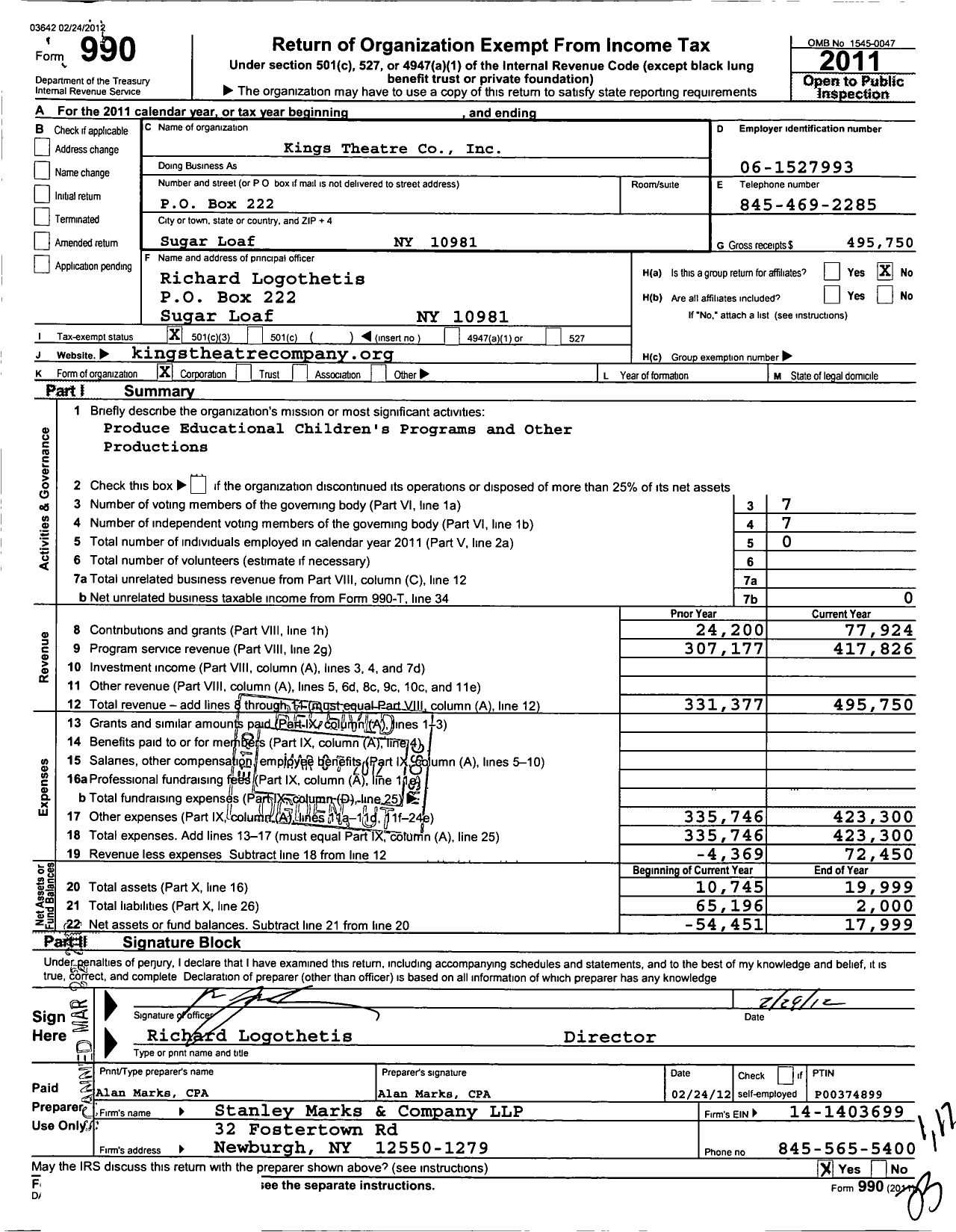 Image of first page of 2011 Form 990 for Kings Theatre