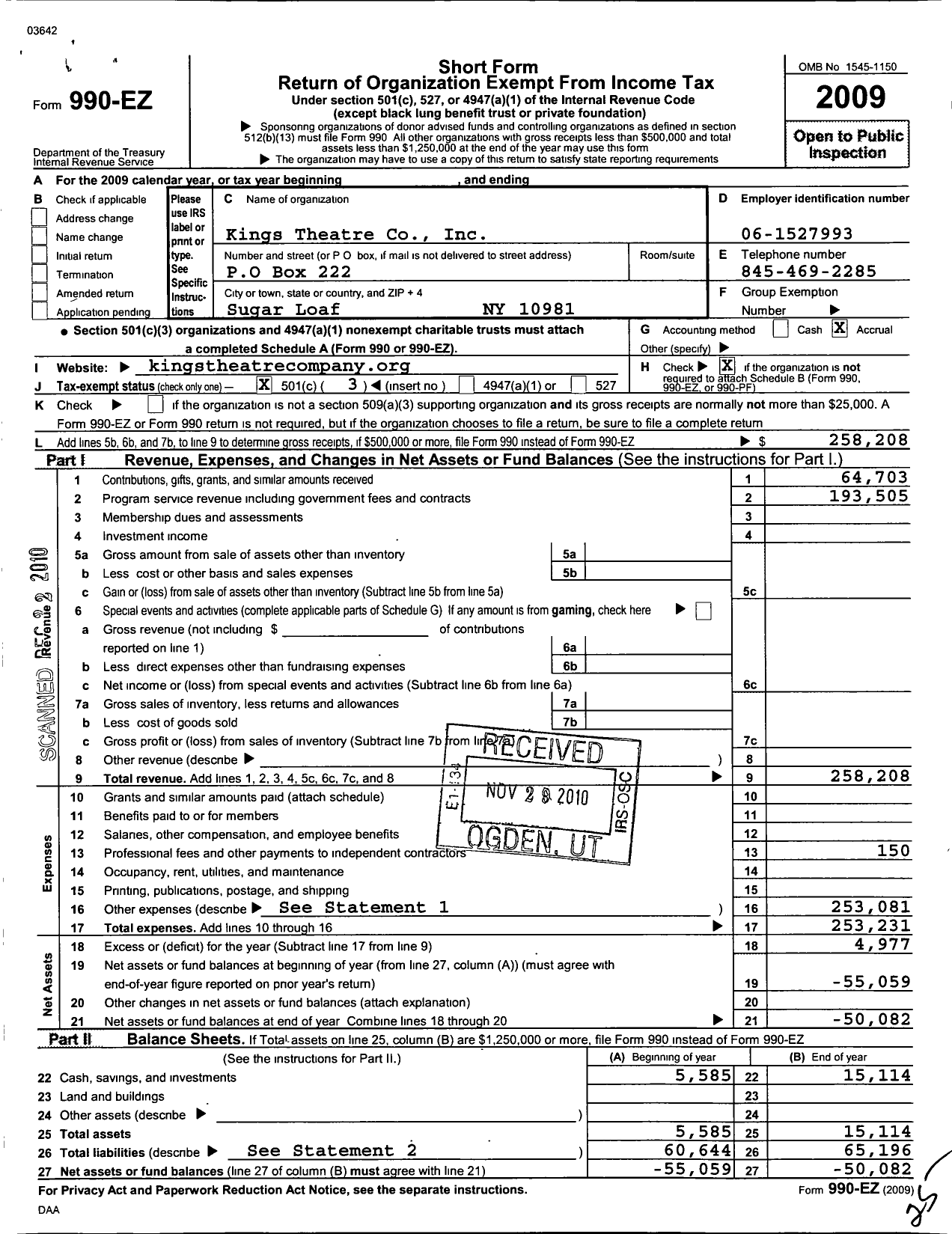 Image of first page of 2009 Form 990EZ for Kings Theatre