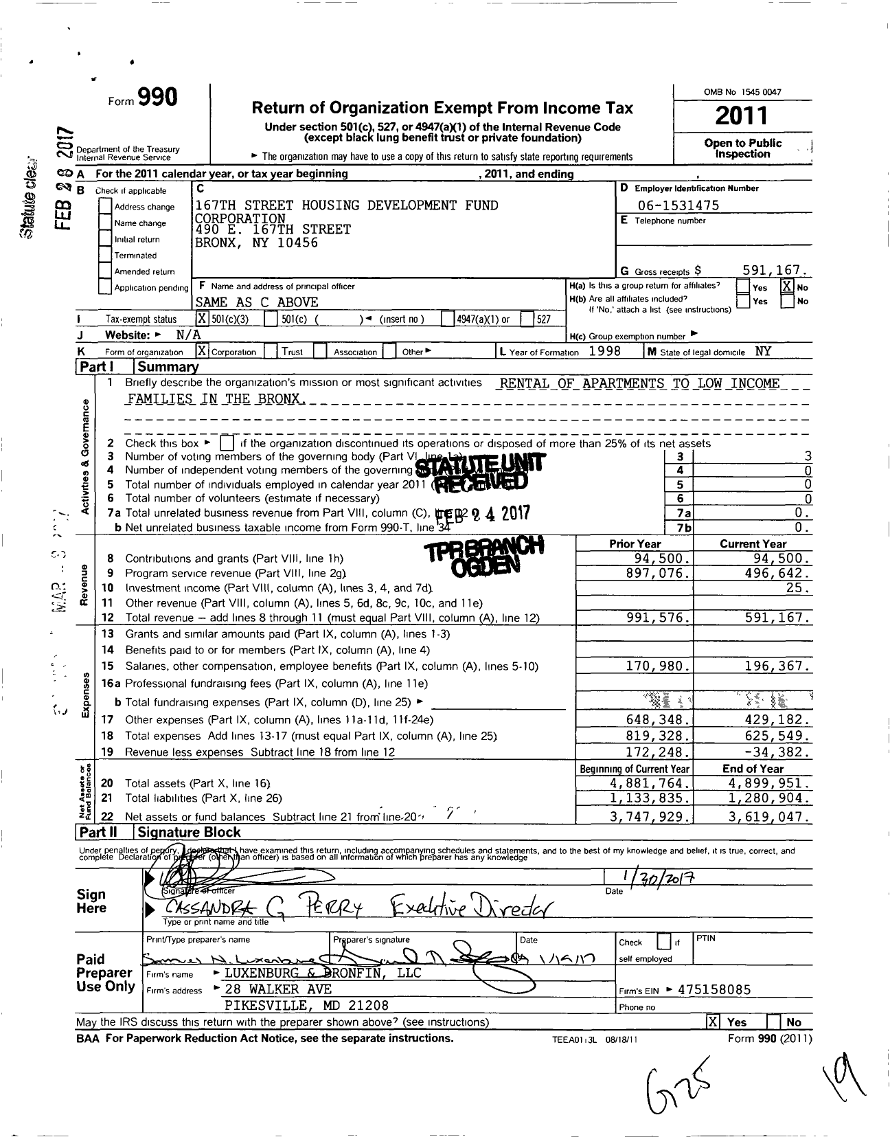 Image of first page of 2011 Form 990 for 167th Street Housing Development Fund Corporation
