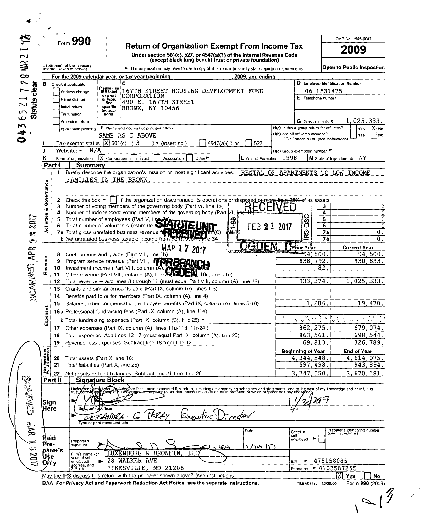 Image of first page of 2009 Form 990 for 167th Street Housing Development Fund Corporation