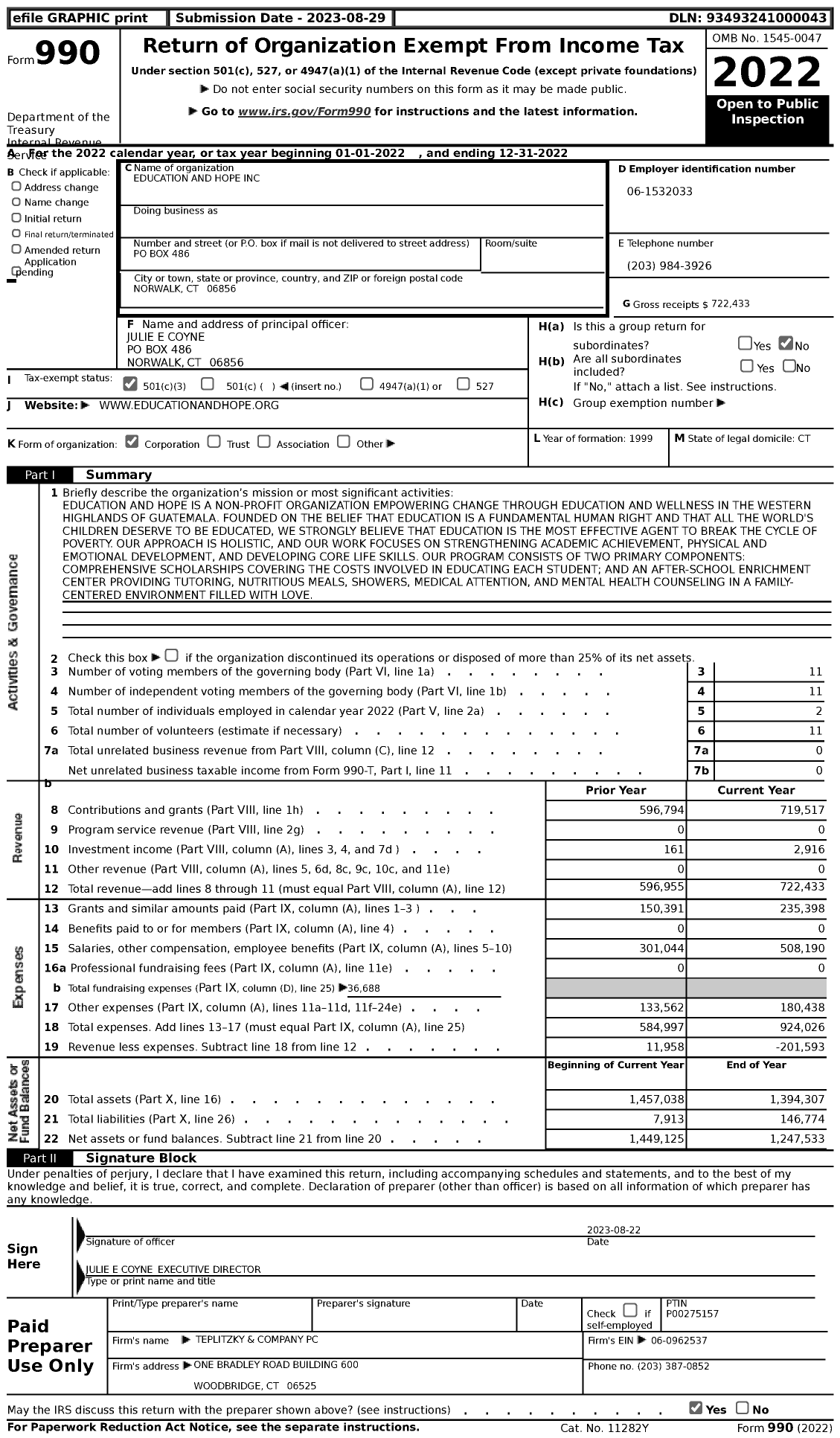 Image of first page of 2022 Form 990 for Education and Hope