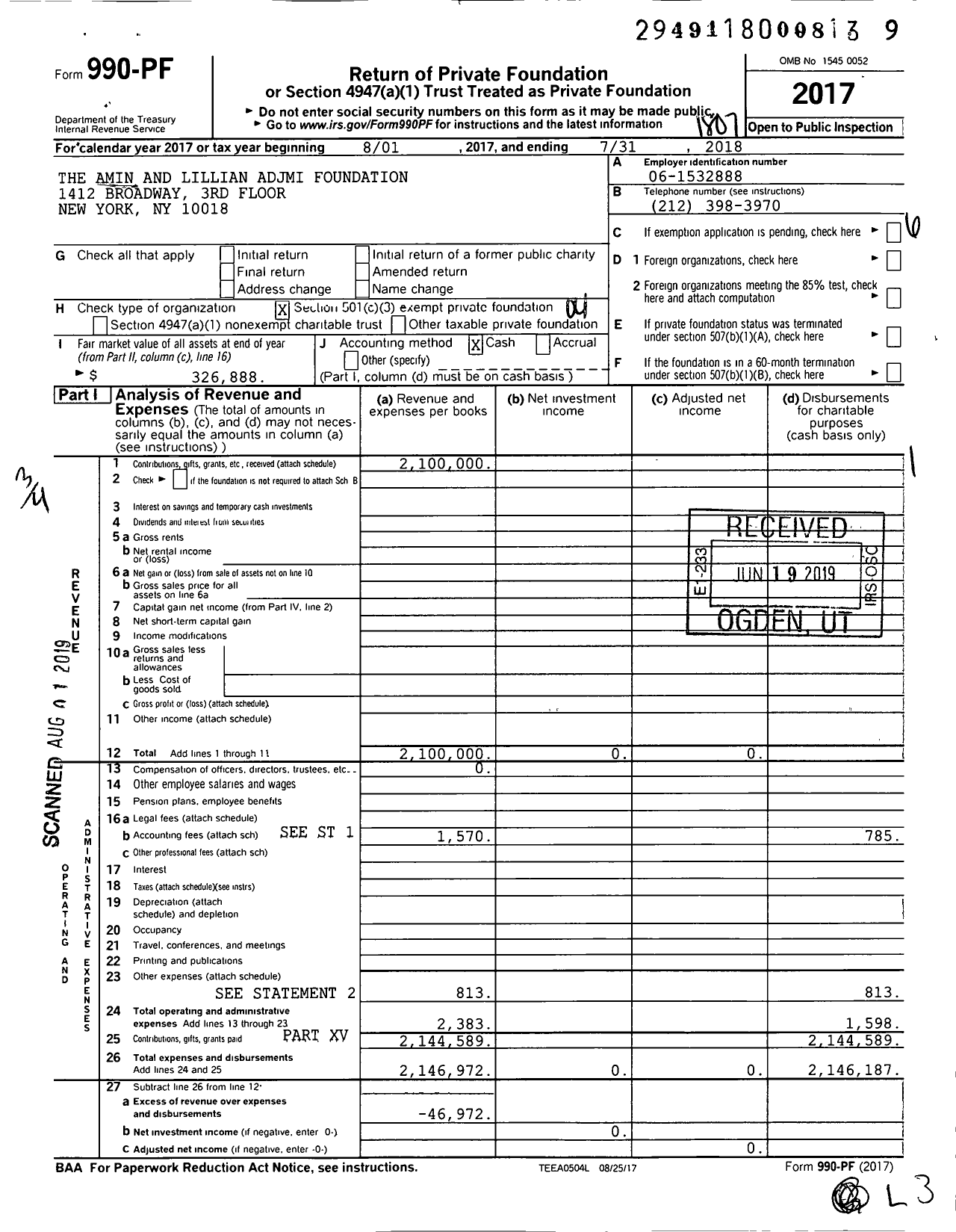 Image of first page of 2017 Form 990PF for The Amin and Lillian Adjmi Foundation