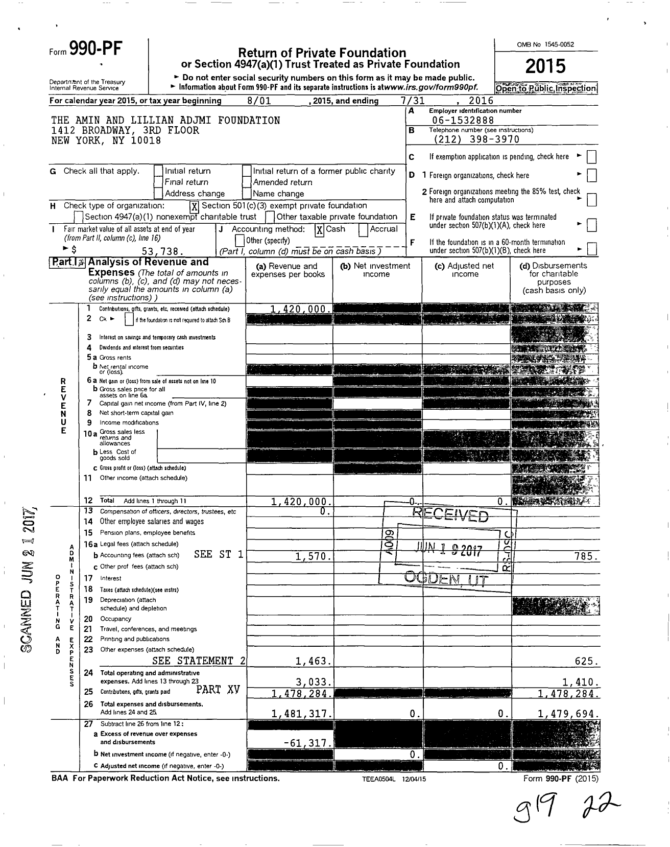 Image of first page of 2015 Form 990PF for The Amin and Lillian Adjmi Foundation