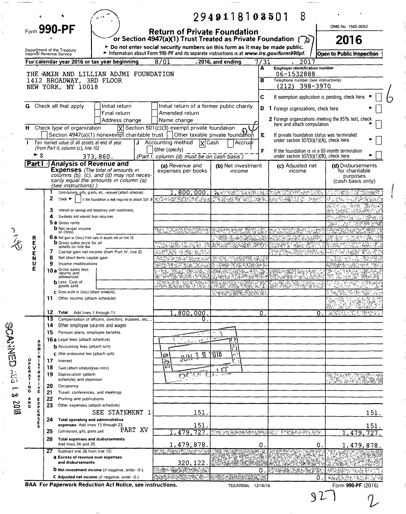 Image of first page of 2016 Form 990PF for The Amin and Lillian Adjmi Foundation