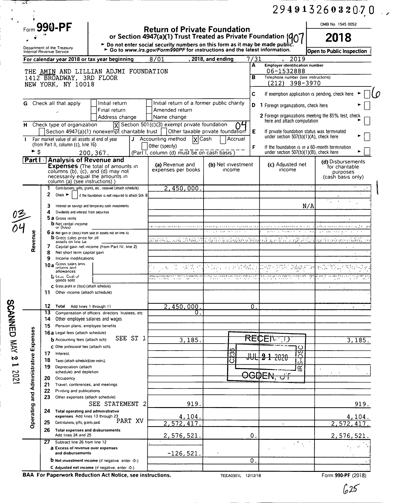 Image of first page of 2018 Form 990PF for The Amin and Lillian Adjmi Foundation