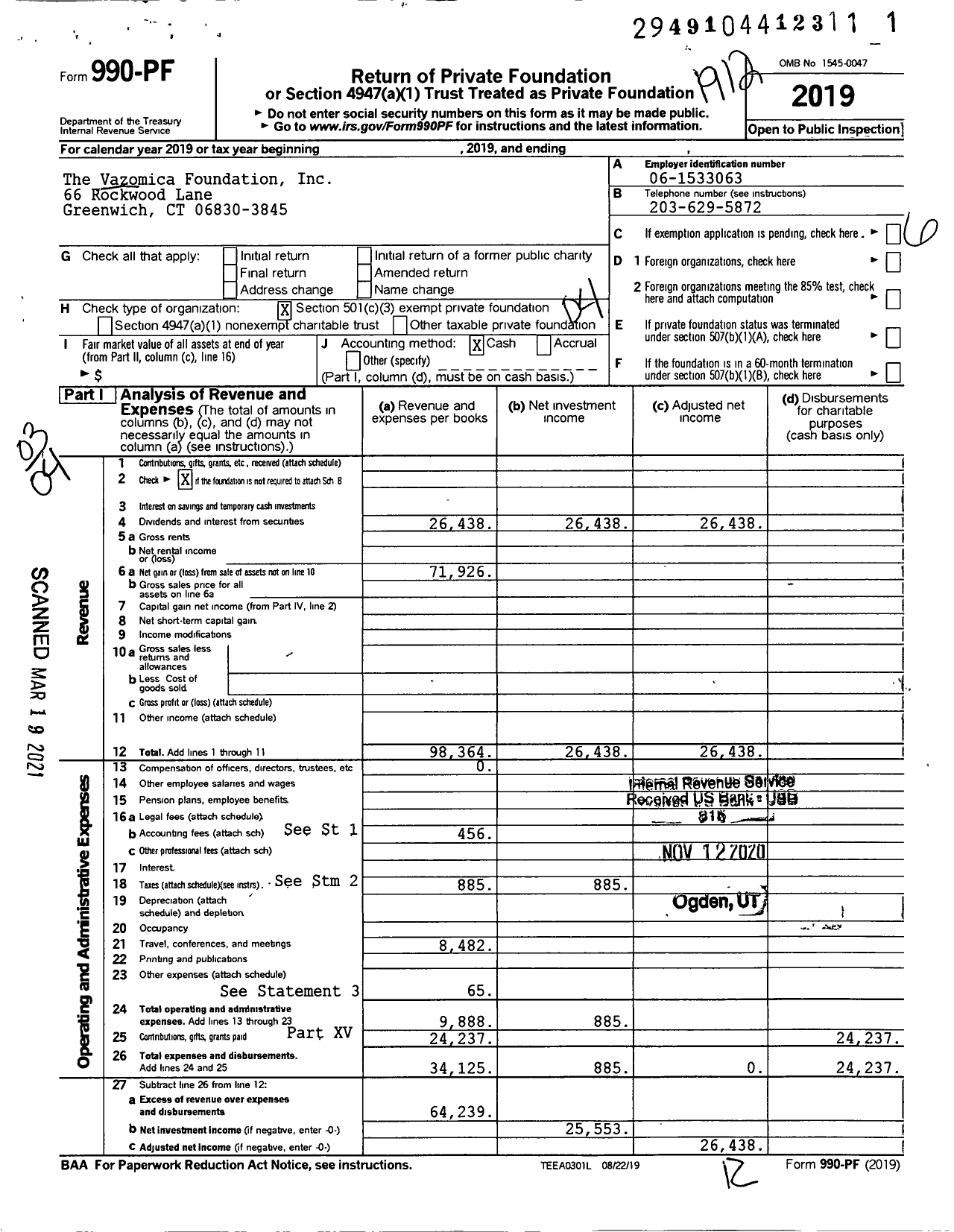 Image of first page of 2019 Form 990PF for The Vazomica Foundation