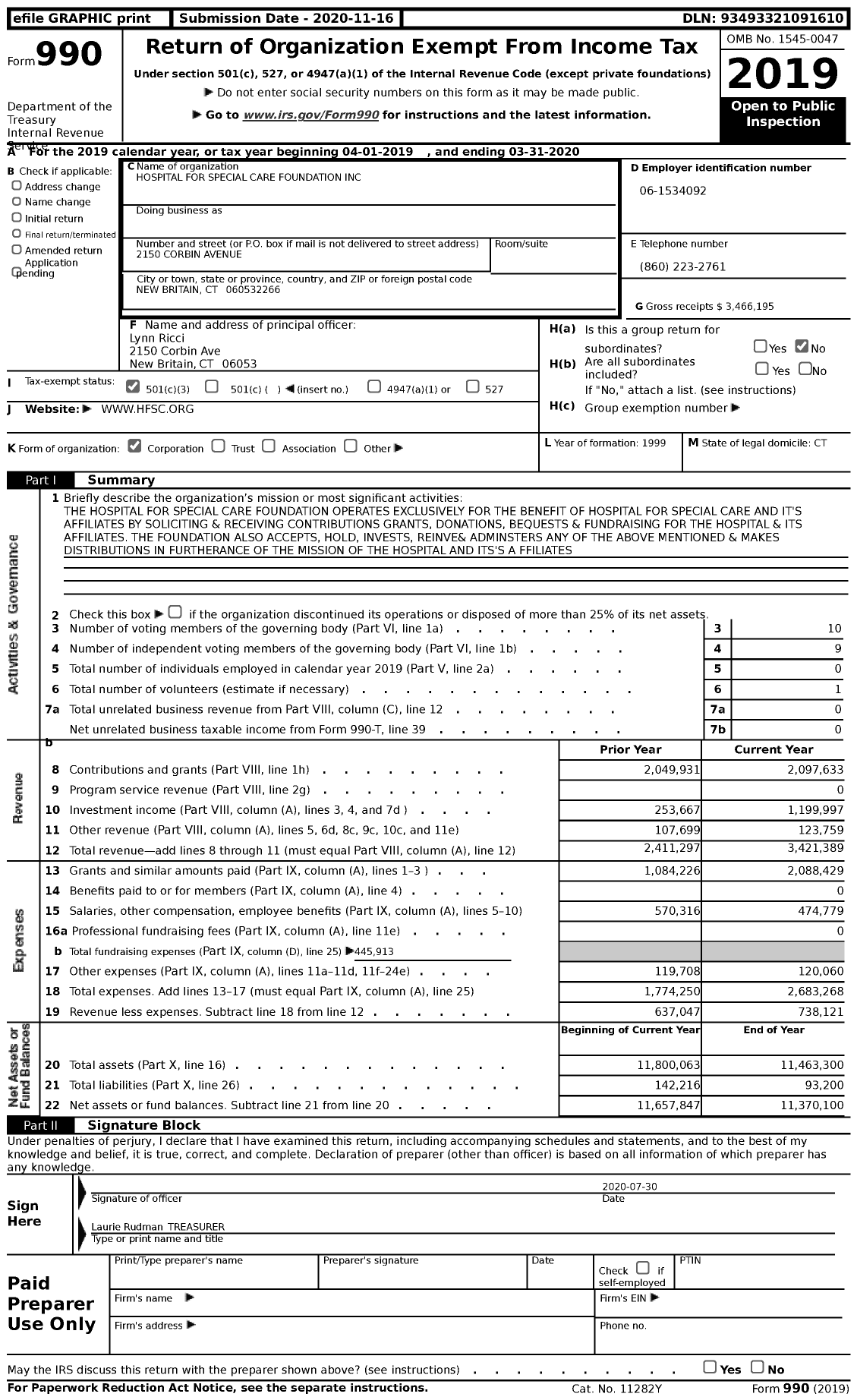 Image of first page of 2019 Form 990 for Hospital For Special Care Foundation