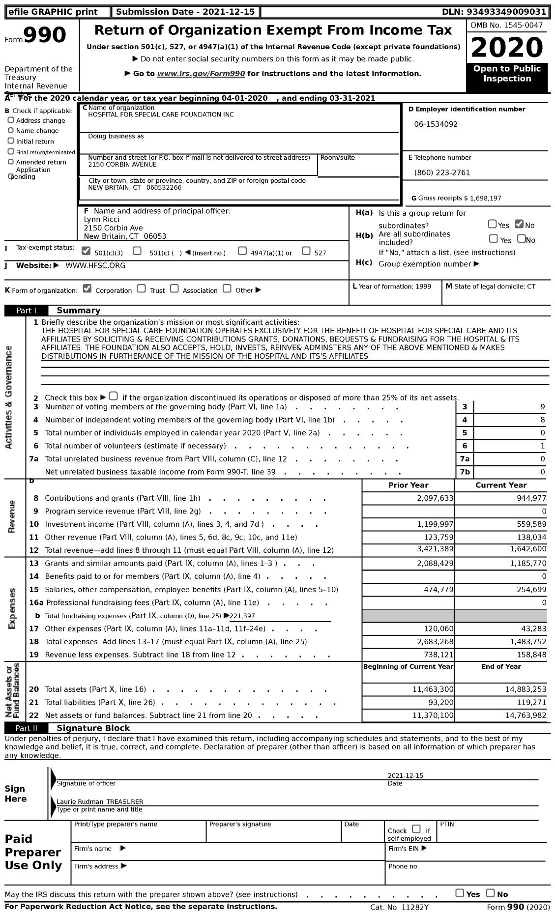 Image of first page of 2020 Form 990 for Hospital For Special Care Foundation