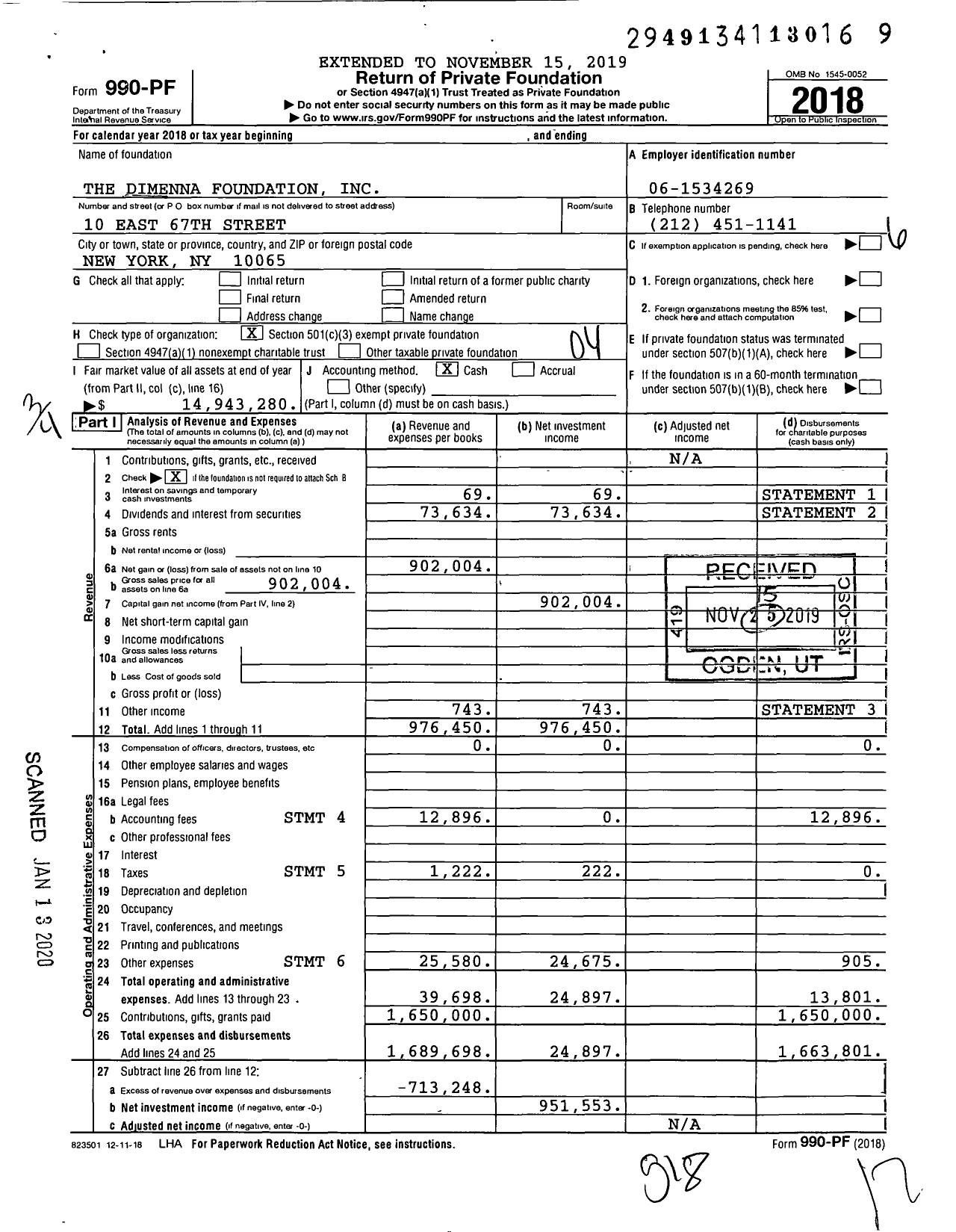 Image of first page of 2018 Form 990PF for The Dimenna Foundation