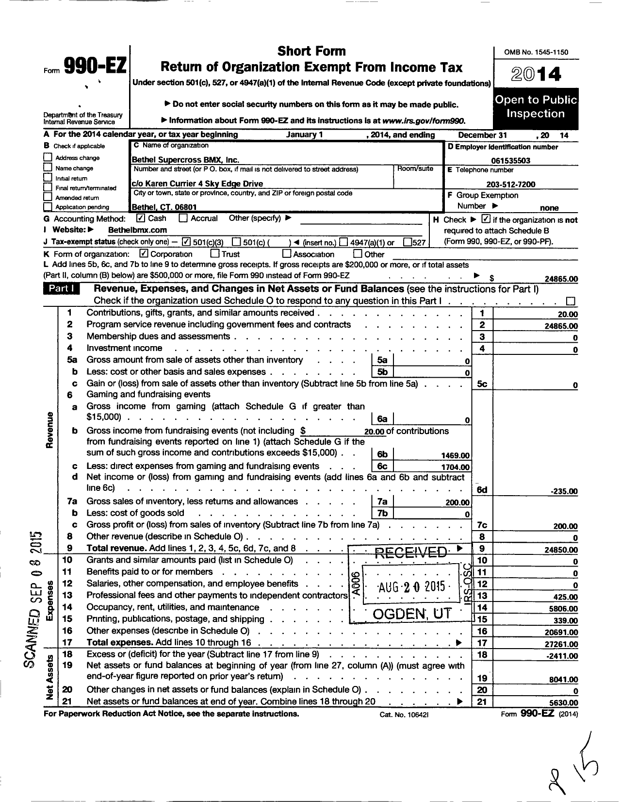 Image of first page of 2014 Form 990EZ for Bethel Supercross BMX