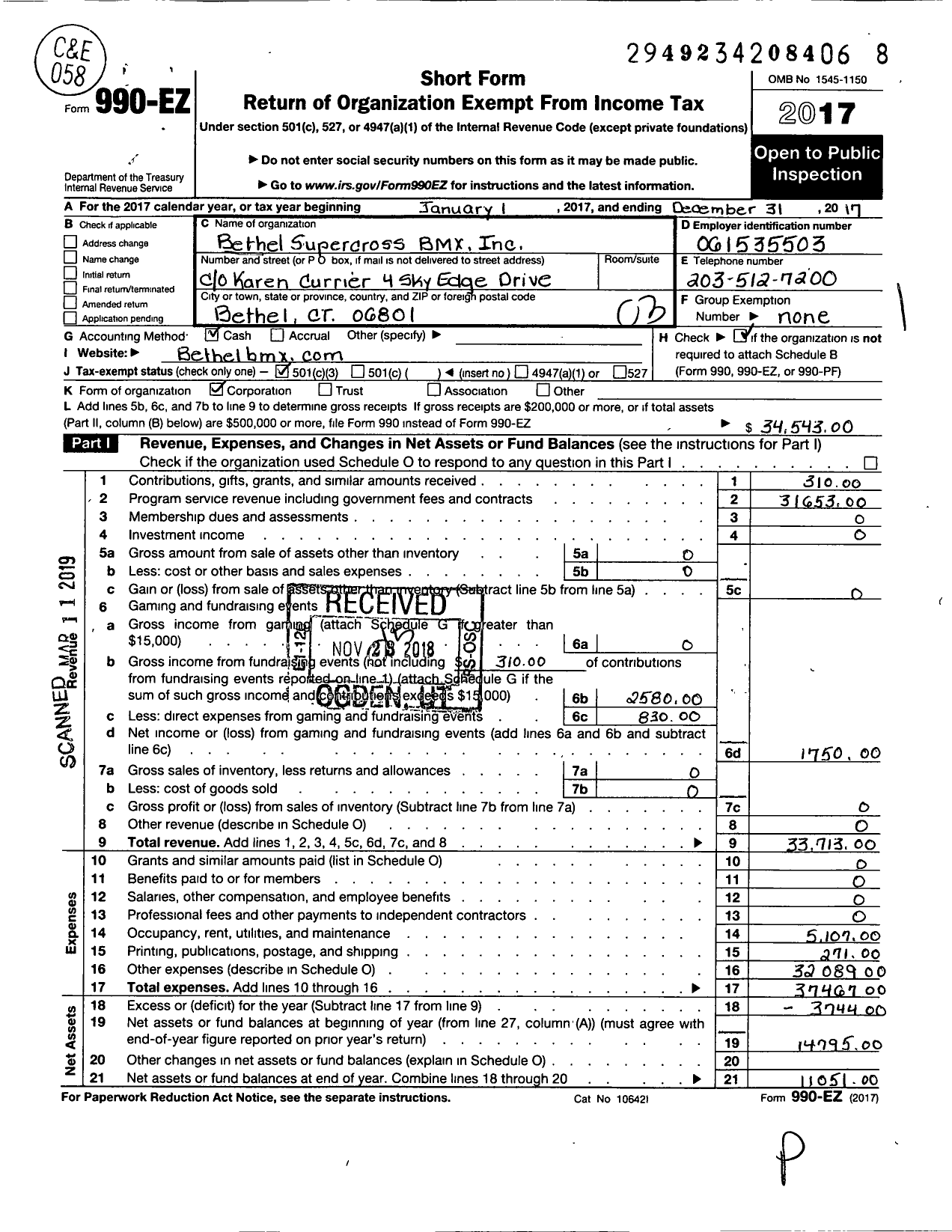 Image of first page of 2017 Form 990EZ for Bethel Supercross BMX