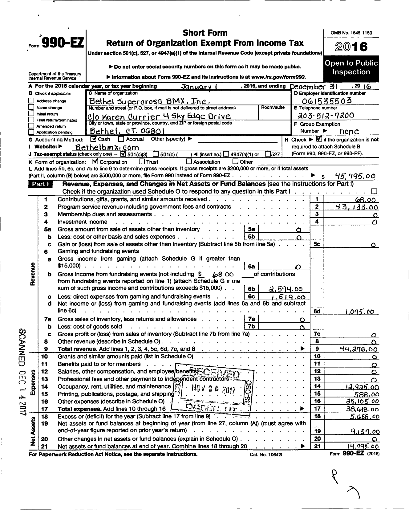 Image of first page of 2016 Form 990EZ for Bethel Supercross BMX