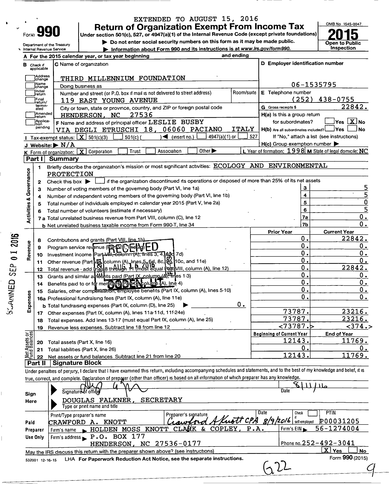 Image of first page of 2015 Form 990 for Third Millennium Foundation