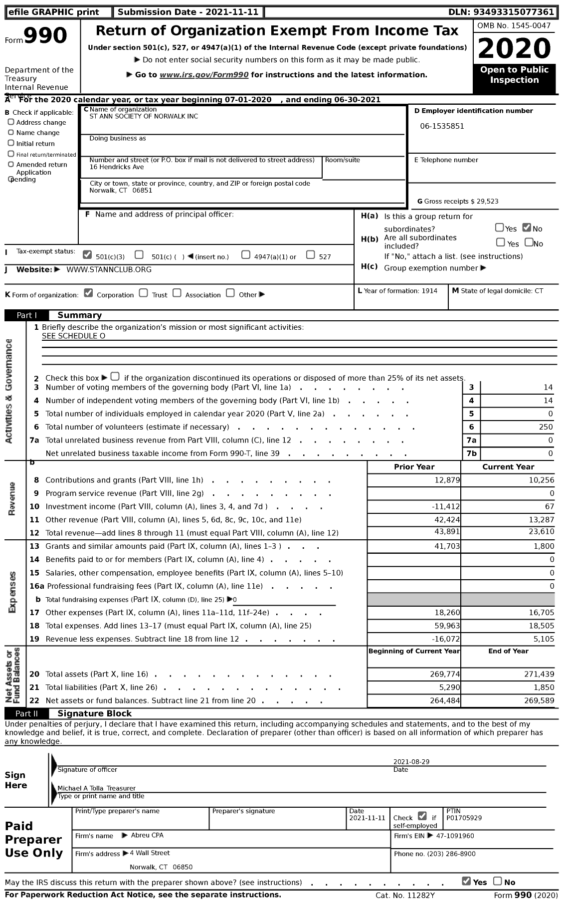 Image of first page of 2020 Form 990 for St Ann Society of Norwalk