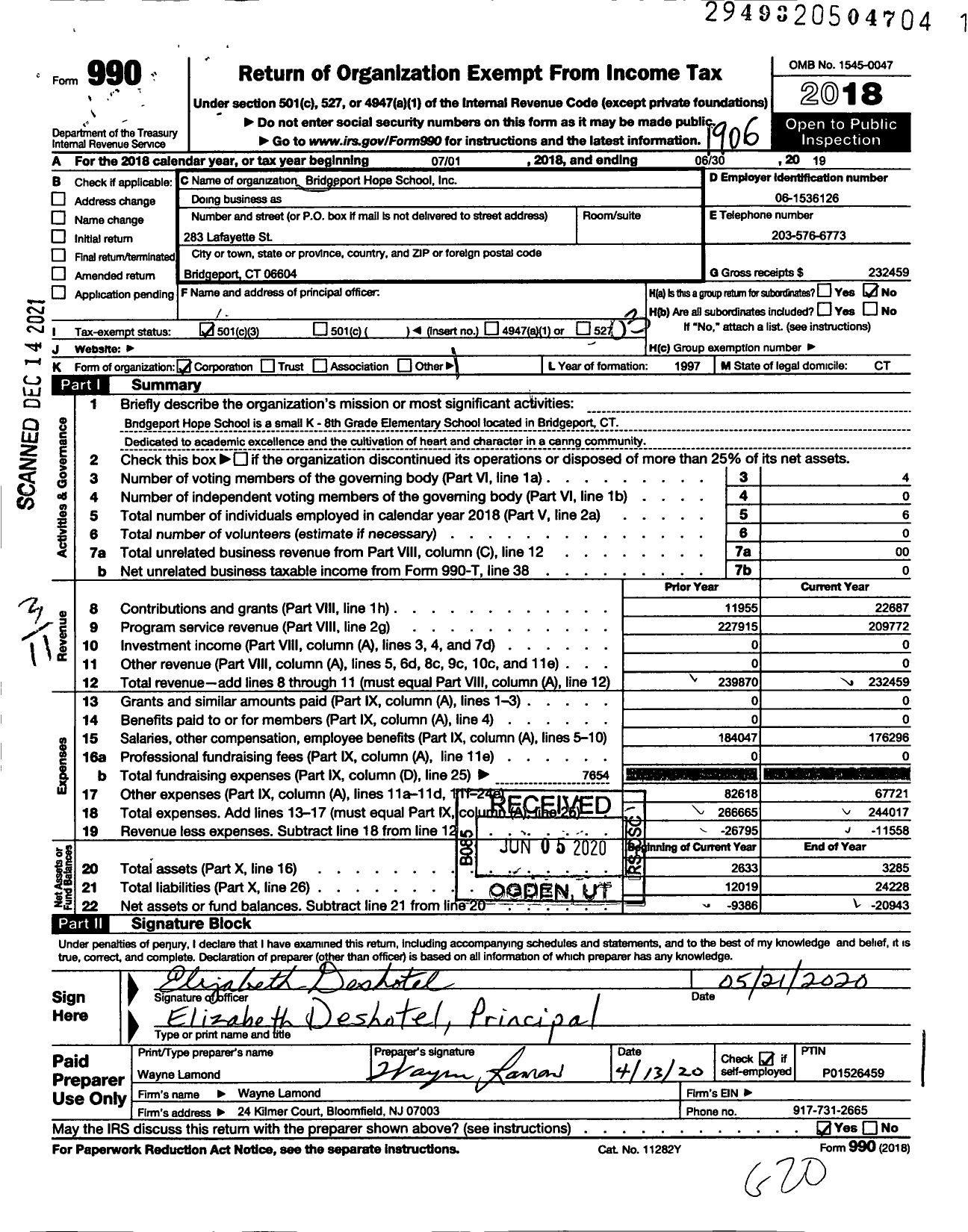 Image of first page of 2018 Form 990 for Bridgeport Hope School