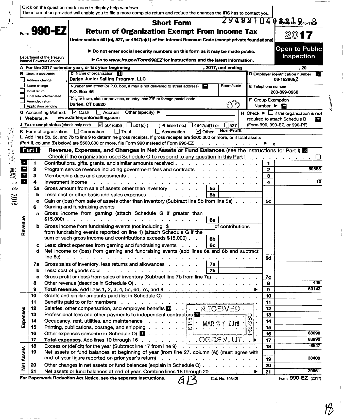 Image of first page of 2017 Form 990EZ for Darien Junior Sailing Program LLC