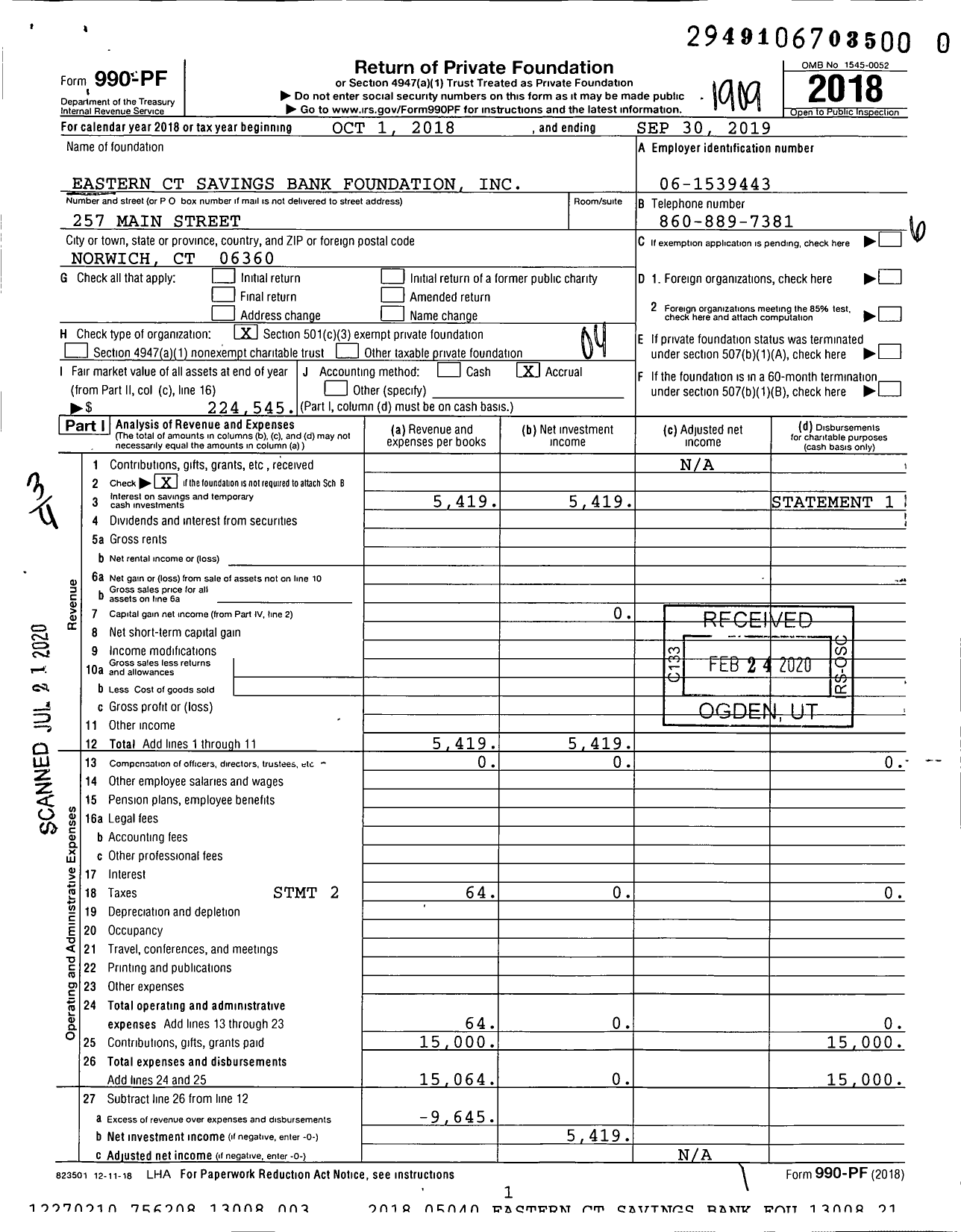 Image of first page of 2018 Form 990PR for Eastern CT Savings Bank Foundation