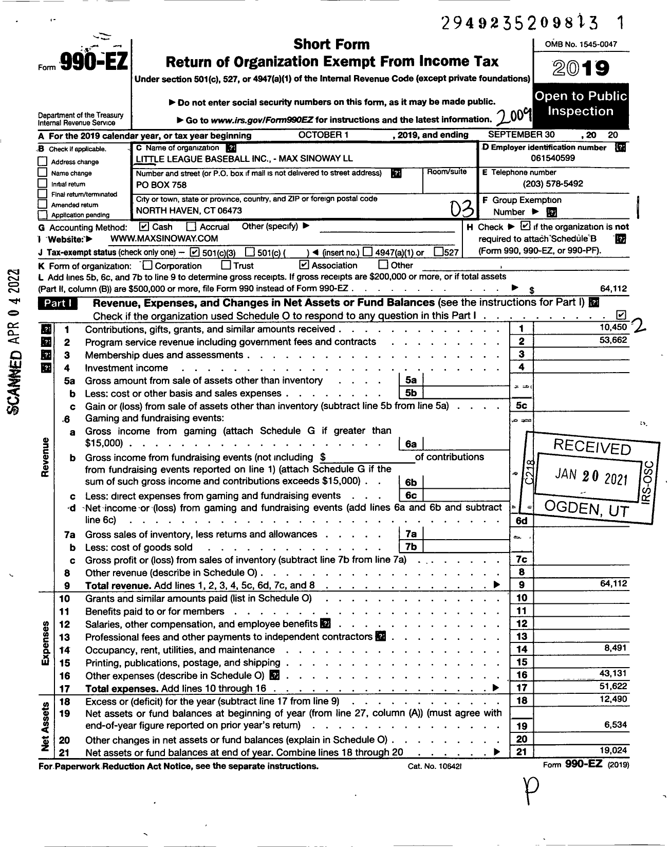 Image of first page of 2019 Form 990EZ for Little League Baseball - 2070414 Max Sinoway LL