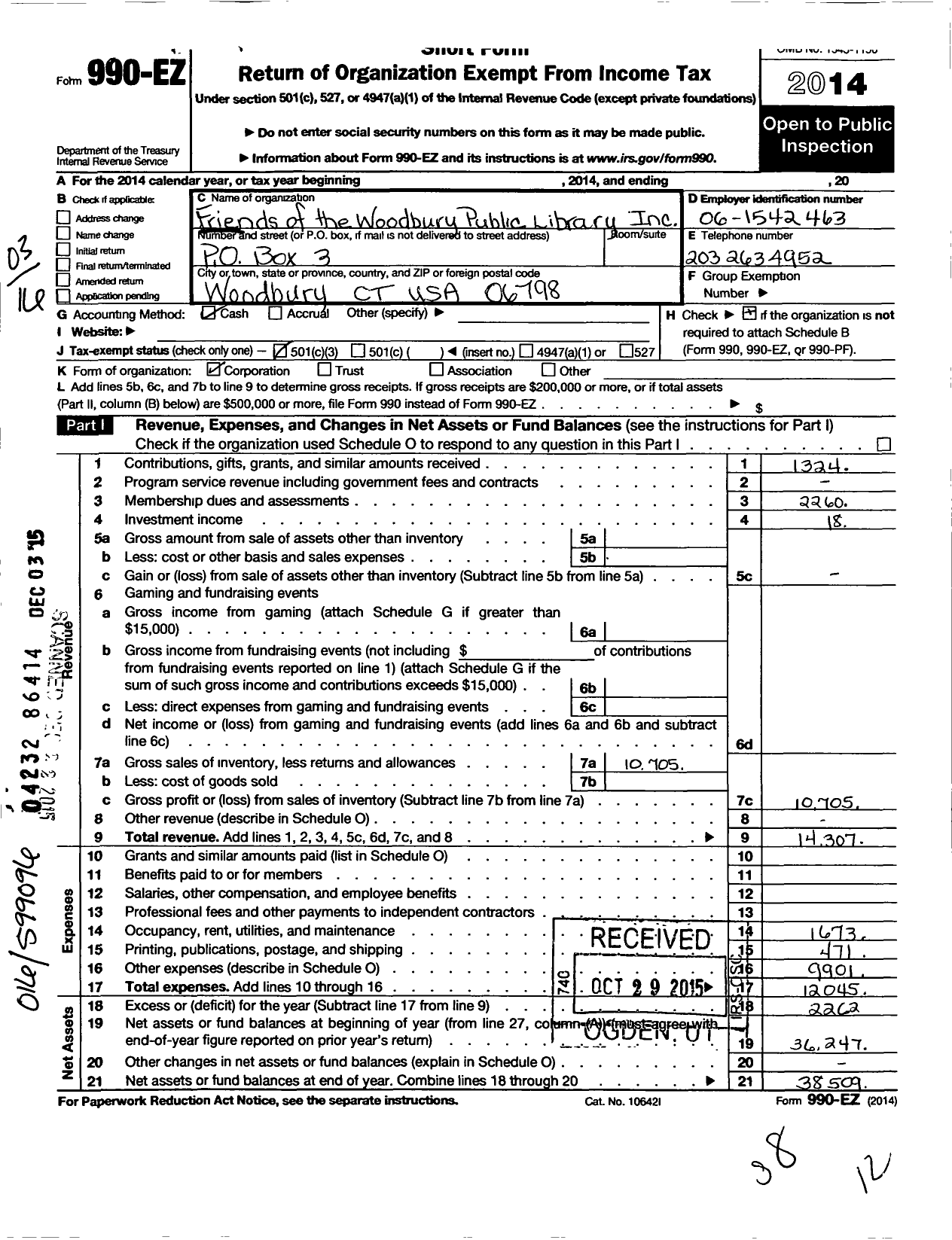 Image of first page of 2014 Form 990EZ for Friends of the Woodbury Public Library