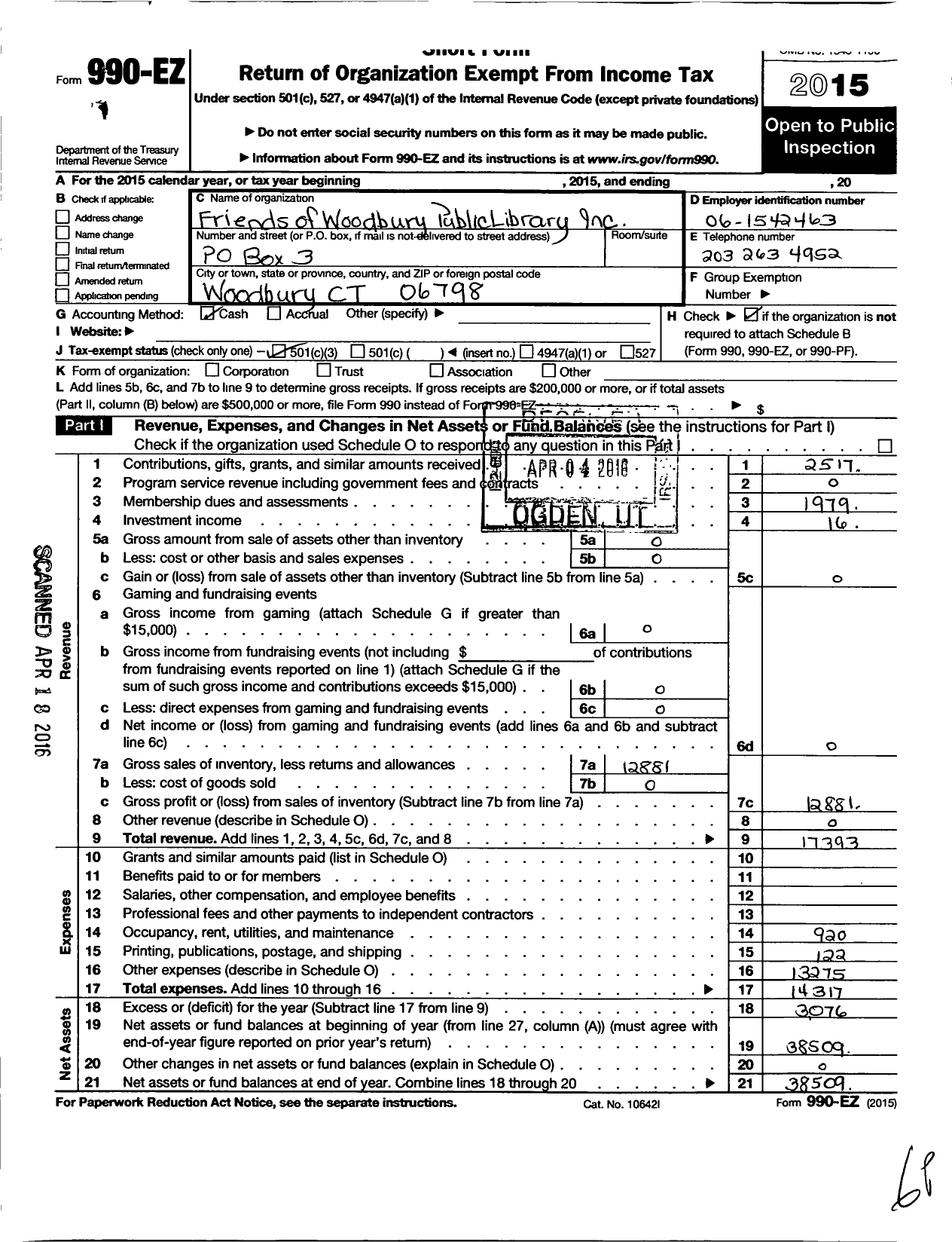 Image of first page of 2015 Form 990EZ for Friends of the Woodbury Public Library