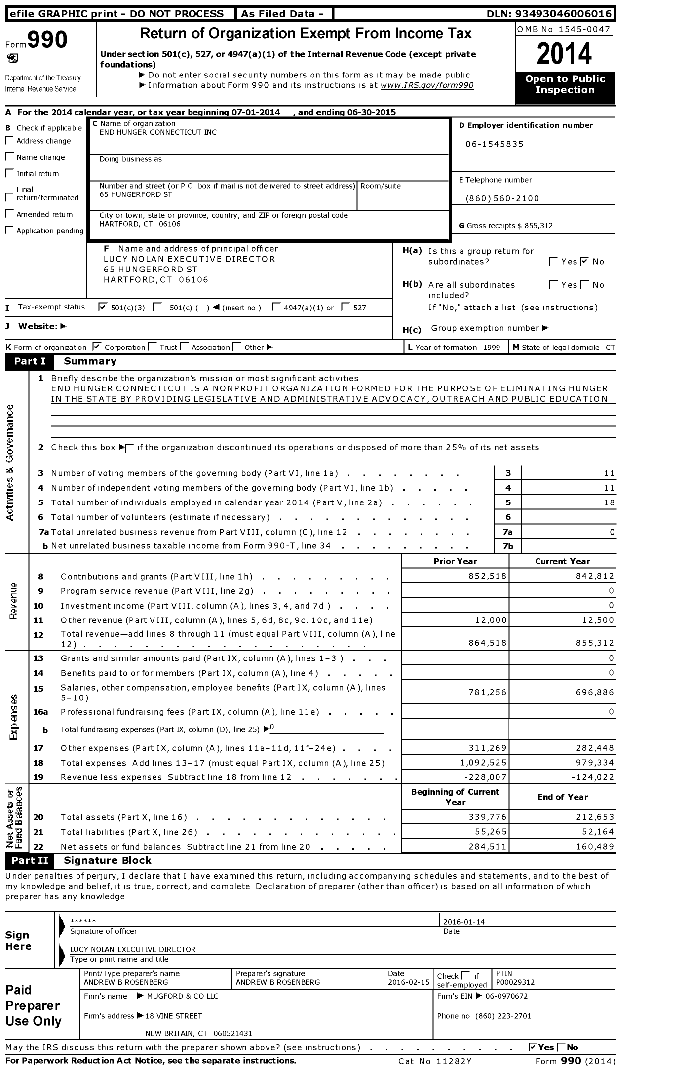 Image of first page of 2014 Form 990 for End Hunger Connecticut