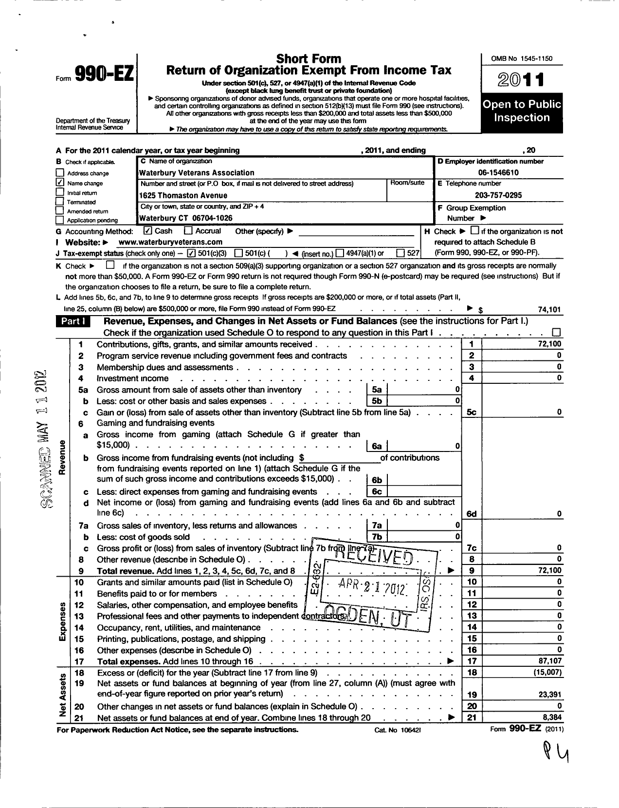 Image of first page of 2011 Form 990EZ for Waterbury Veterans Committee