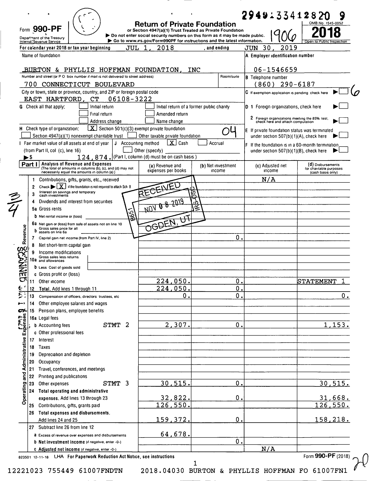 Image of first page of 2018 Form 990PF for Burton and Phyllis Hoffman Foundation