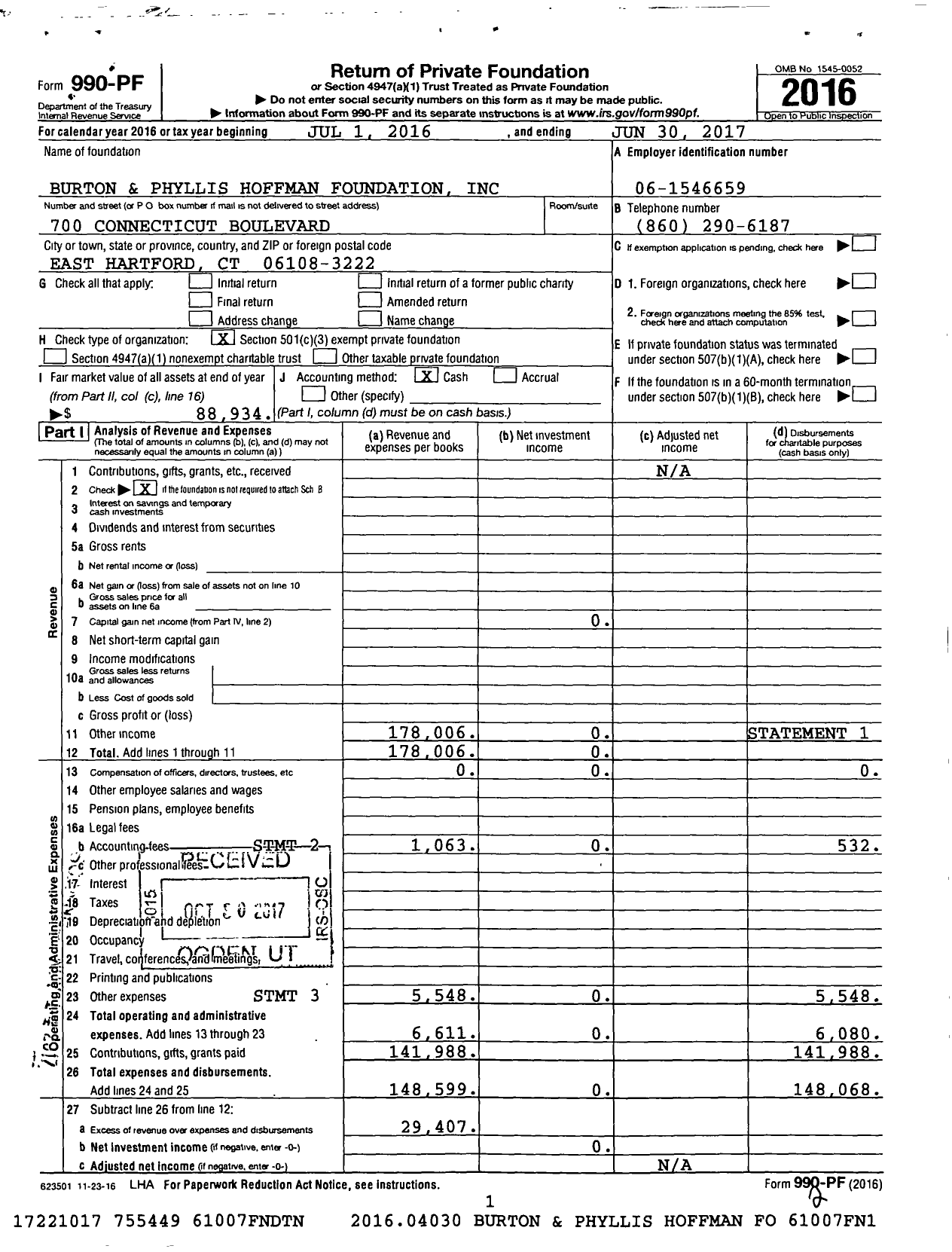 Image of first page of 2016 Form 990PF for Burton and Phyllis Hoffman Foundation