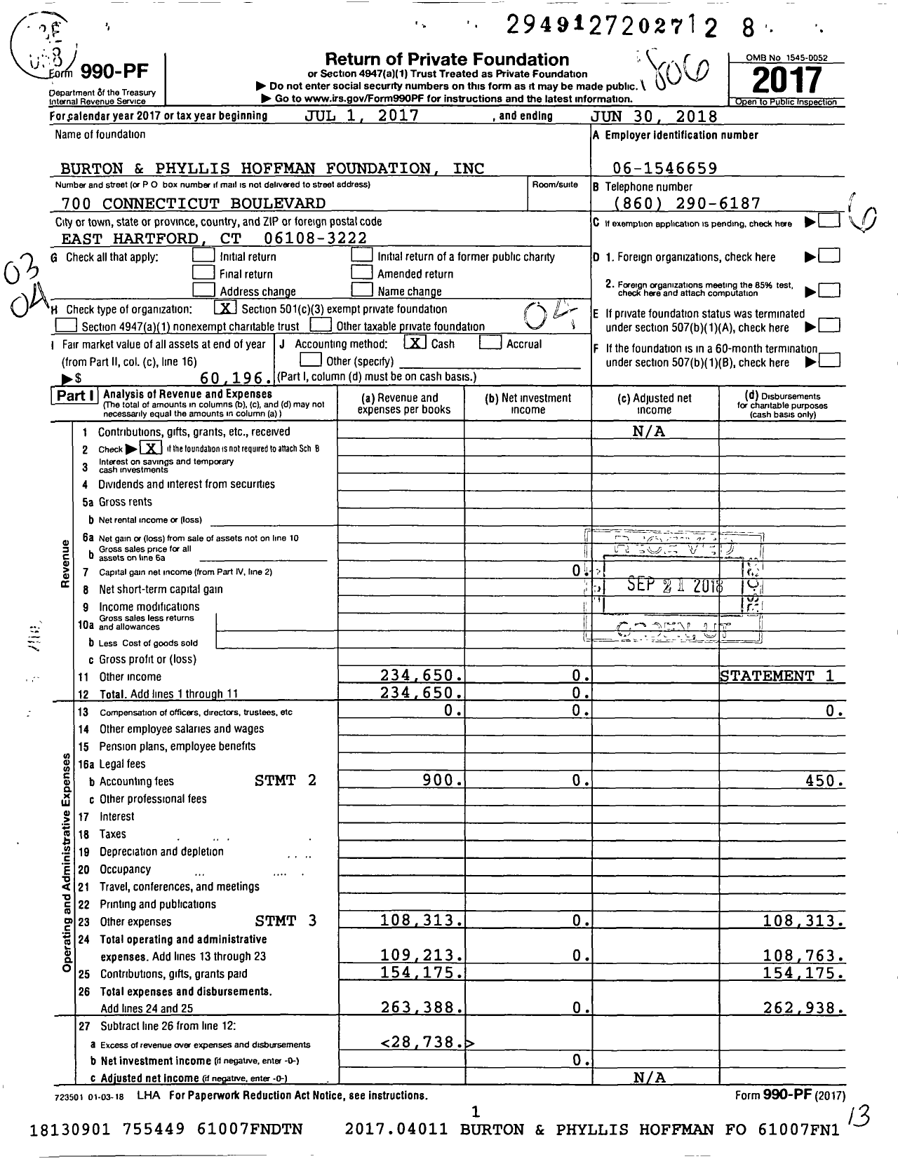 Image of first page of 2017 Form 990PF for Burton and Phyllis Hoffman Foundation