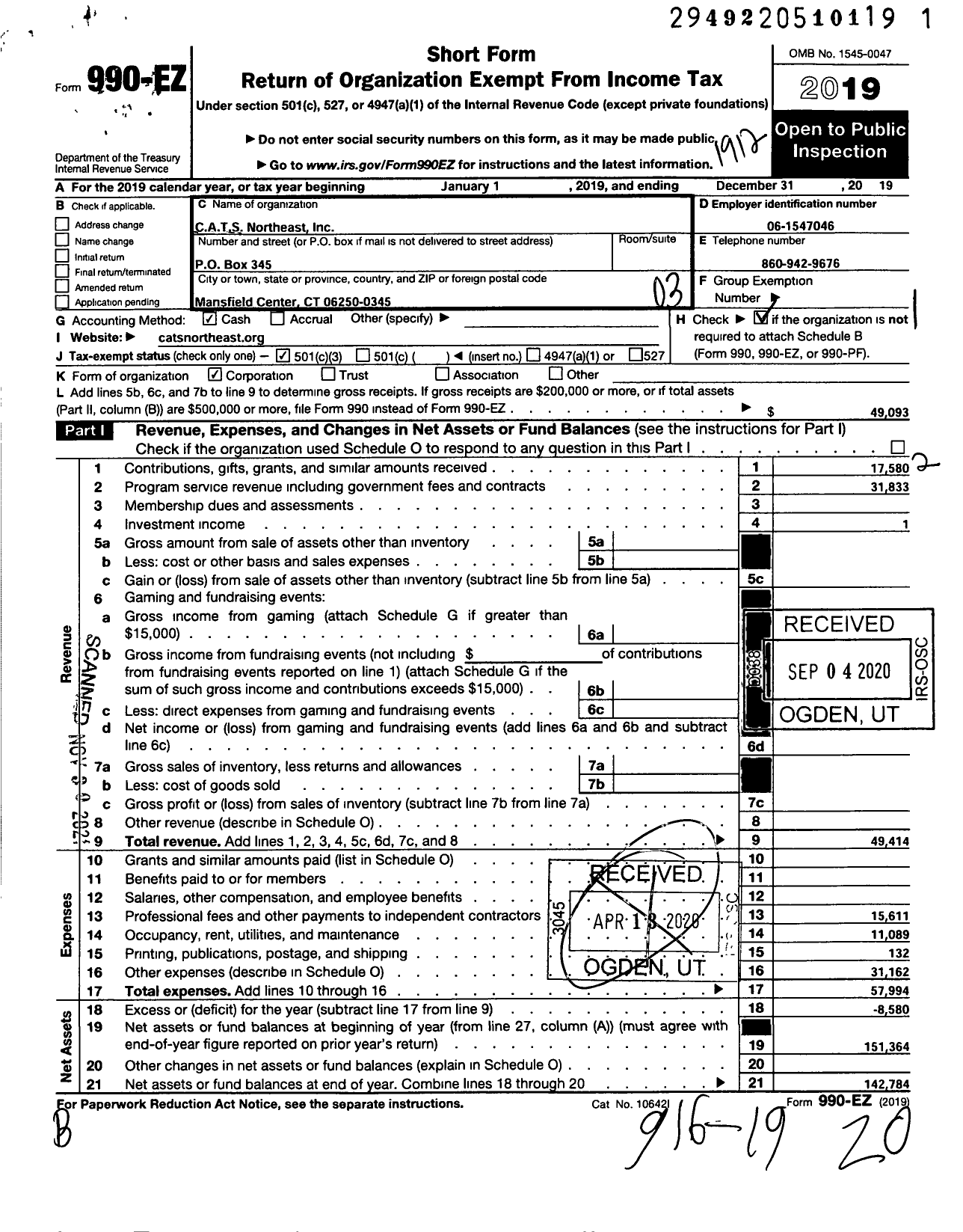 Image of first page of 2019 Form 990EZ for C A T S Northeast