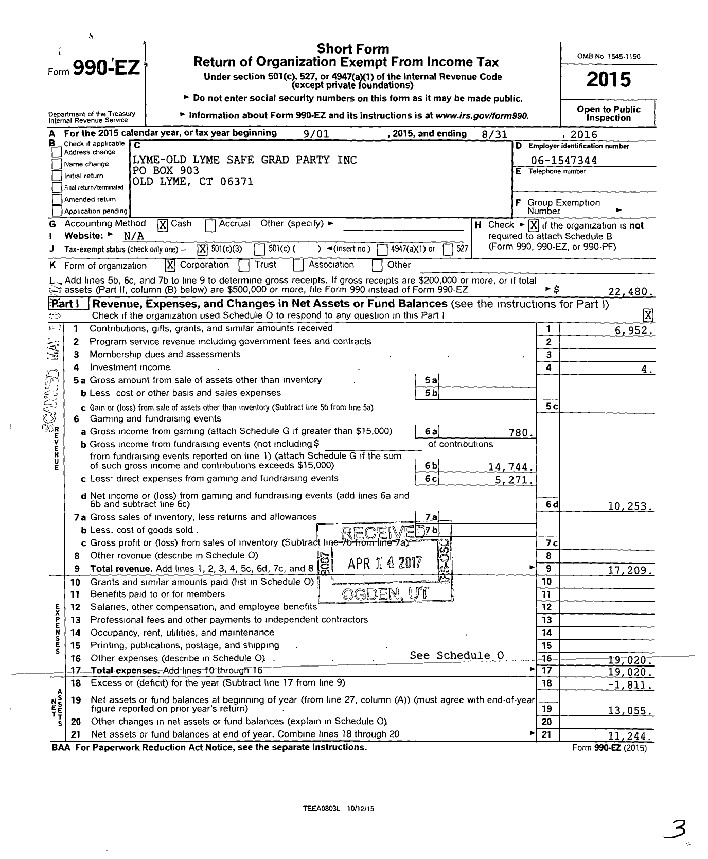 Image of first page of 2015 Form 990EZ for Lyme-Old Lyme Safe Graduation Party