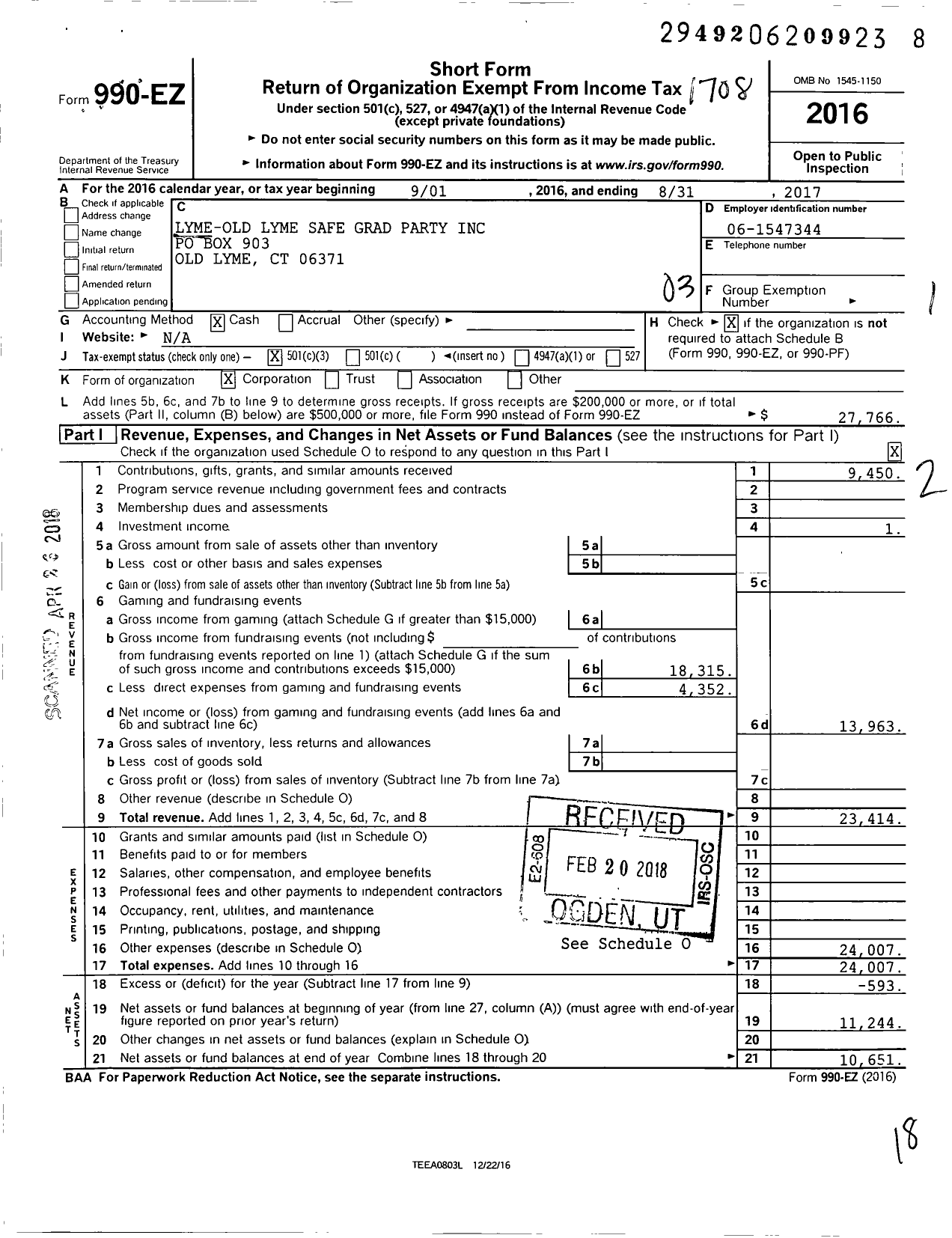 Image of first page of 2016 Form 990EZ for Lyme-Old Lyme Safe Graduation Party