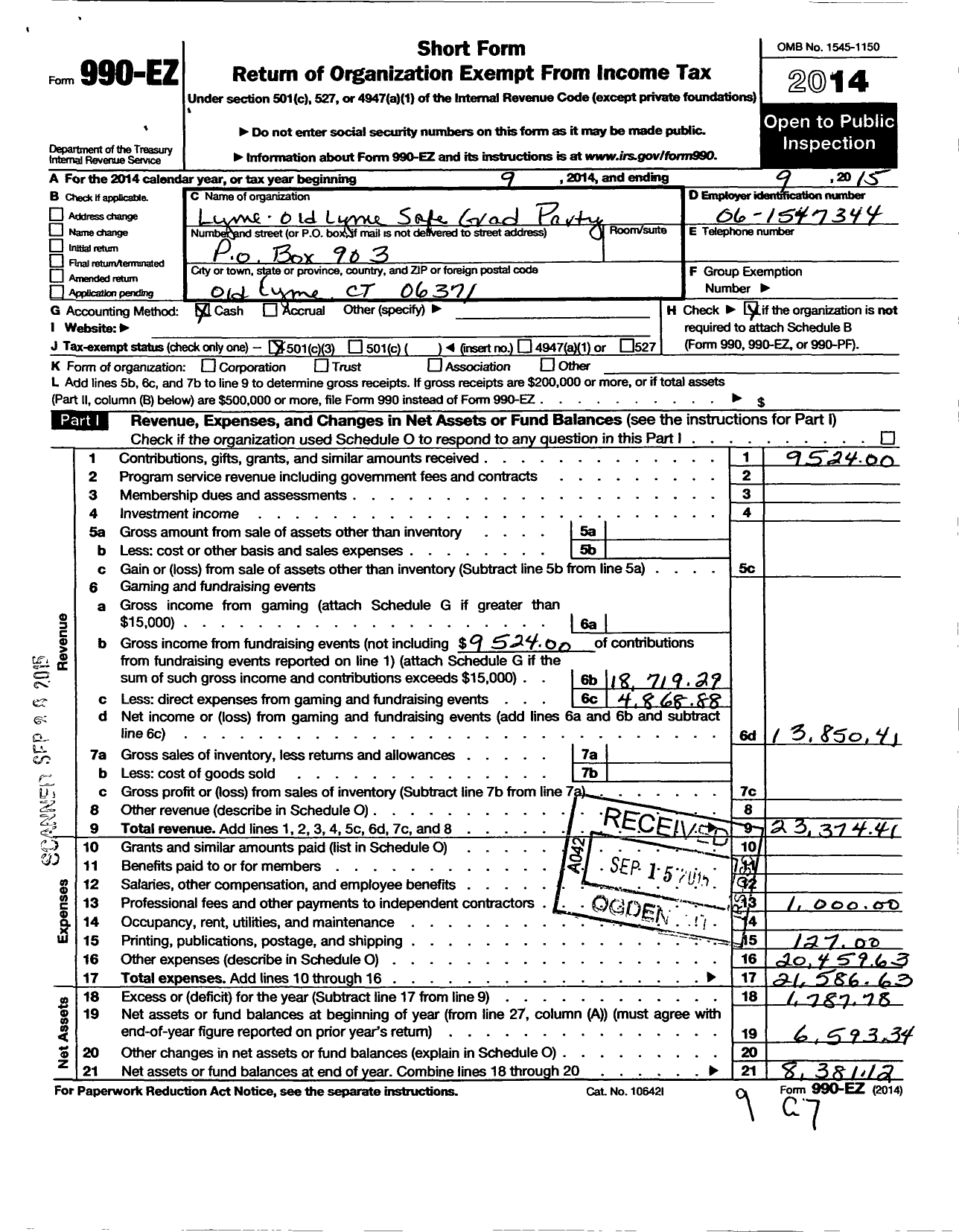 Image of first page of 2014 Form 990EZ for Lyme-Old Lyme Safe Graduation Party