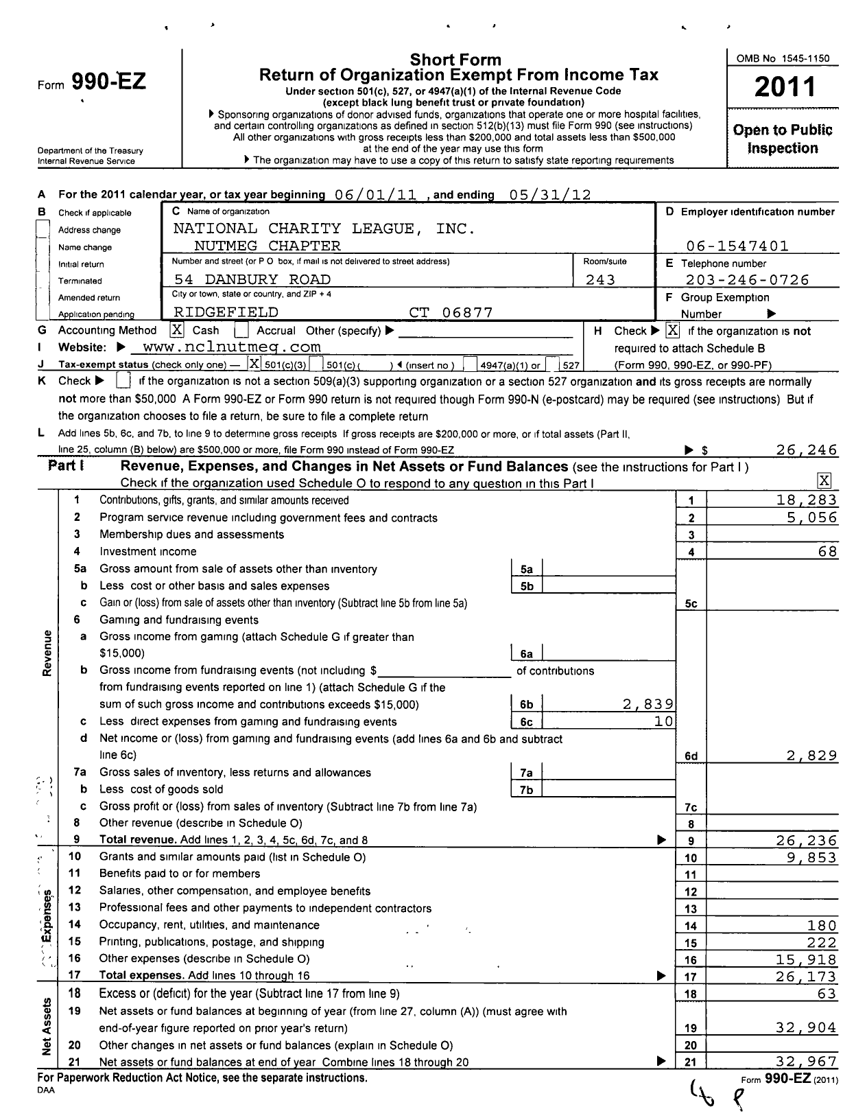 Image of first page of 2011 Form 990EZ for National Charity League-Nutmeg Chapter