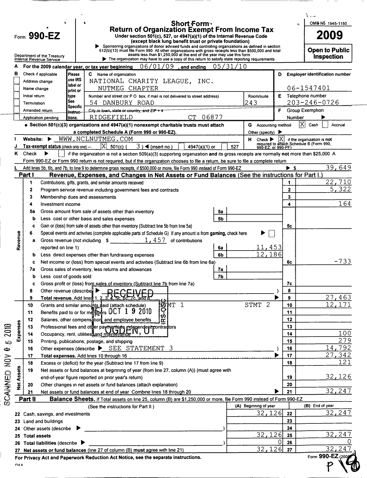 Image of first page of 2009 Form 990EZ for National Charity League-Nutmeg Chapter