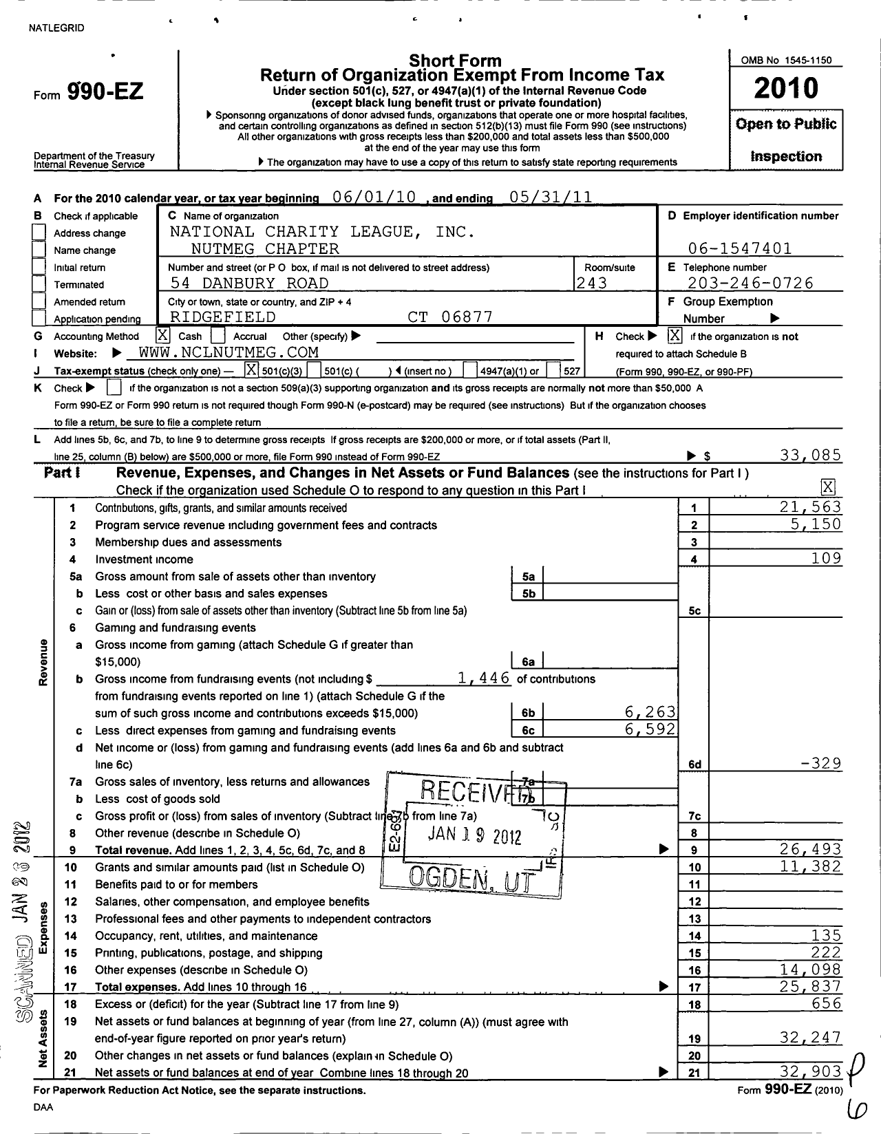 Image of first page of 2010 Form 990EZ for National Charity League-Nutmeg Chapter