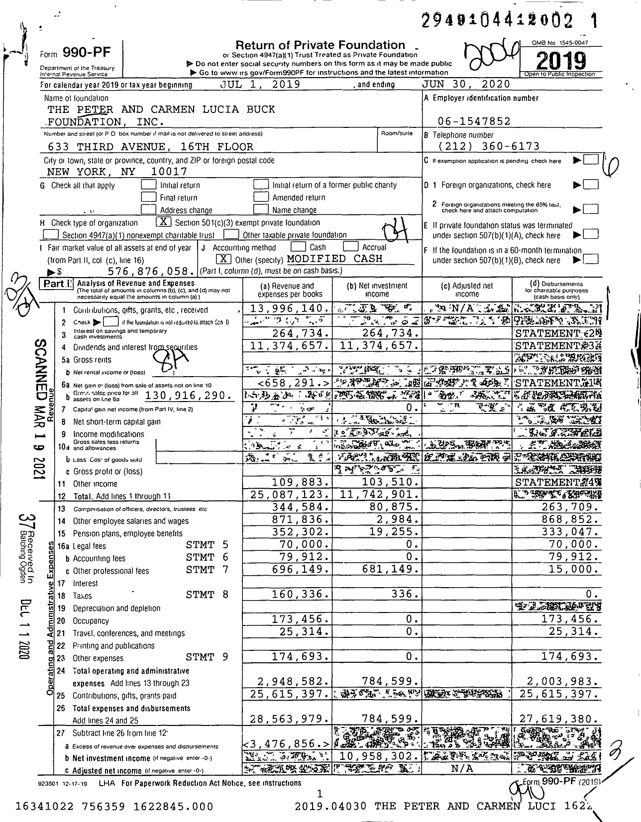 Image of first page of 2019 Form 990PF for Peter and Carmen Lucia Buck Foundation (PCLB)