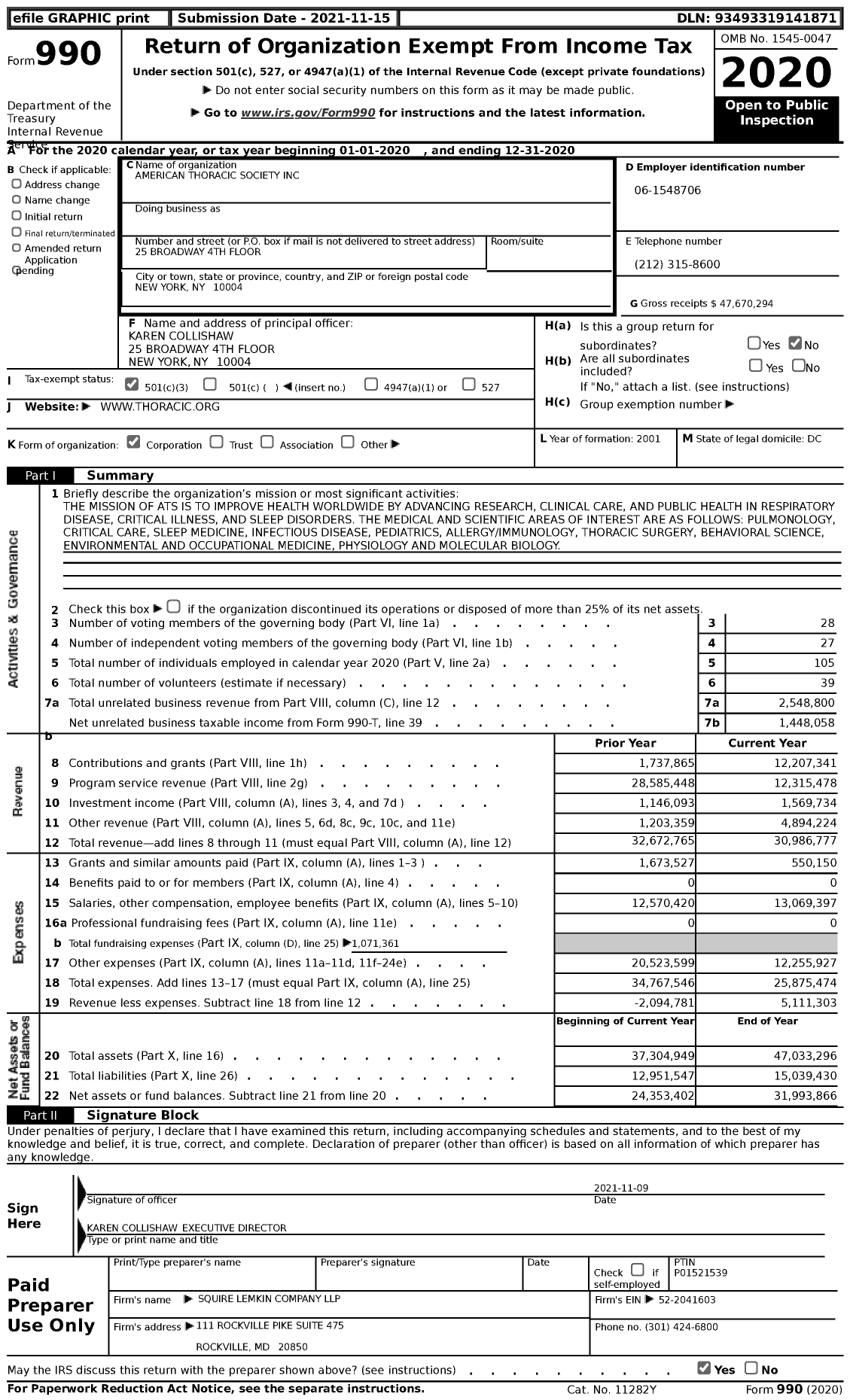 Image of first page of 2020 Form 990 for American Thoracic Society (ATS)