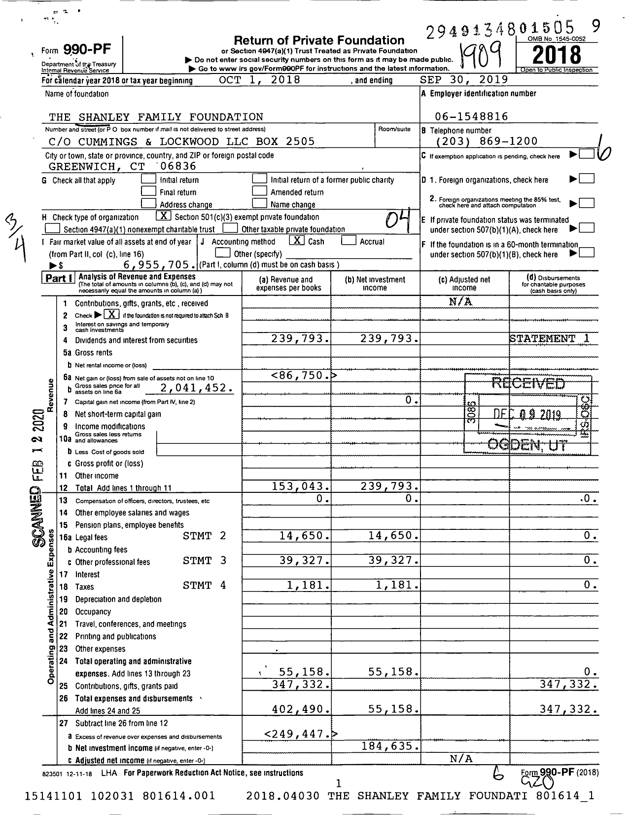 Image of first page of 2018 Form 990PF for The Shanley Family Foundation