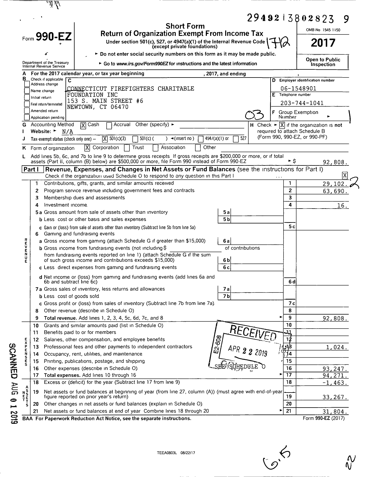 Image of first page of 2017 Form 990EZ for Connecticut Firefighters Charitable Foundation