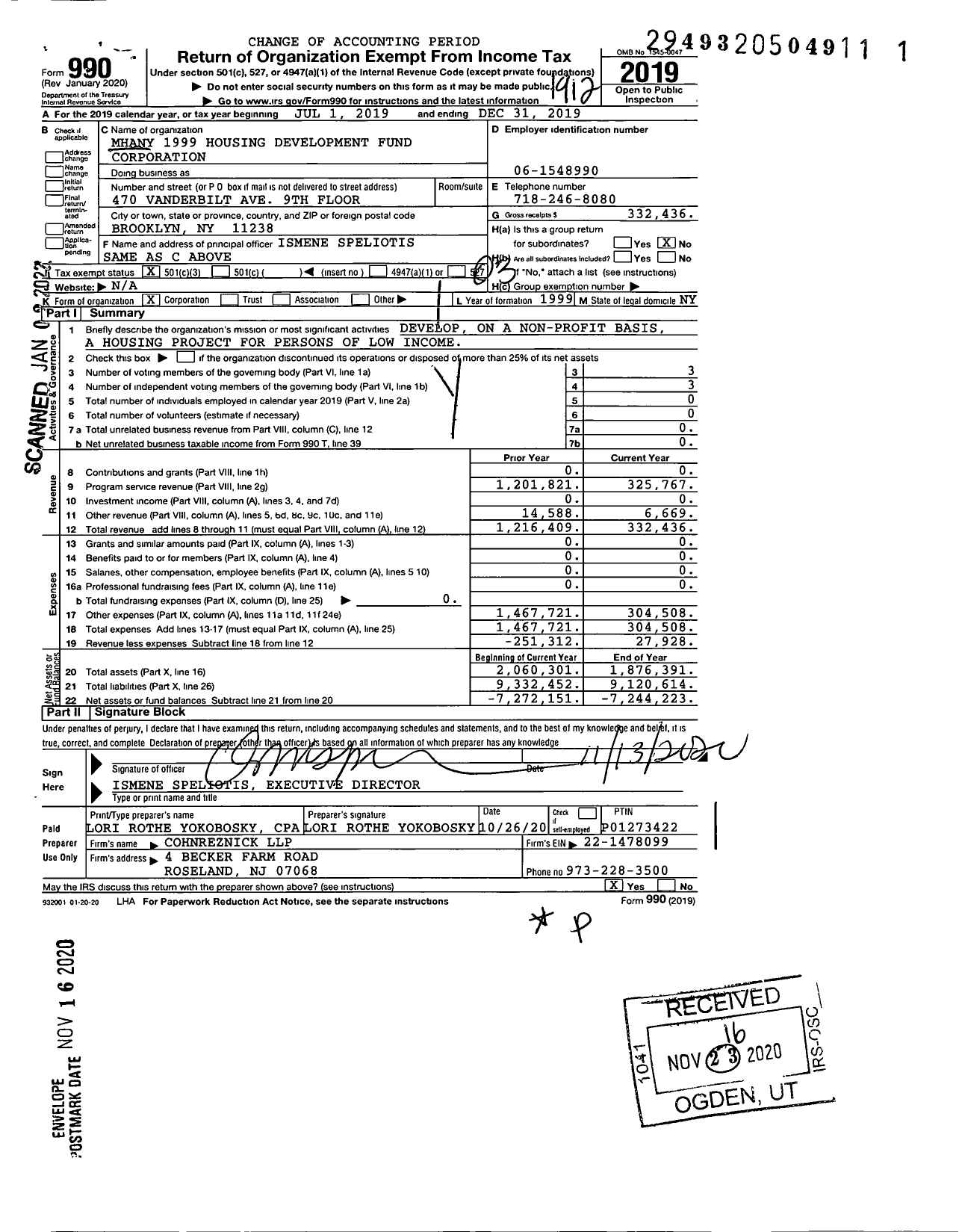 Image of first page of 2019 Form 990 for MHANY 1999 Housing Development Fund Corporation