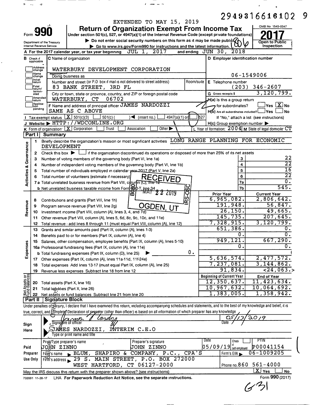 Image of first page of 2017 Form 990 for Waterbury Development Corporation