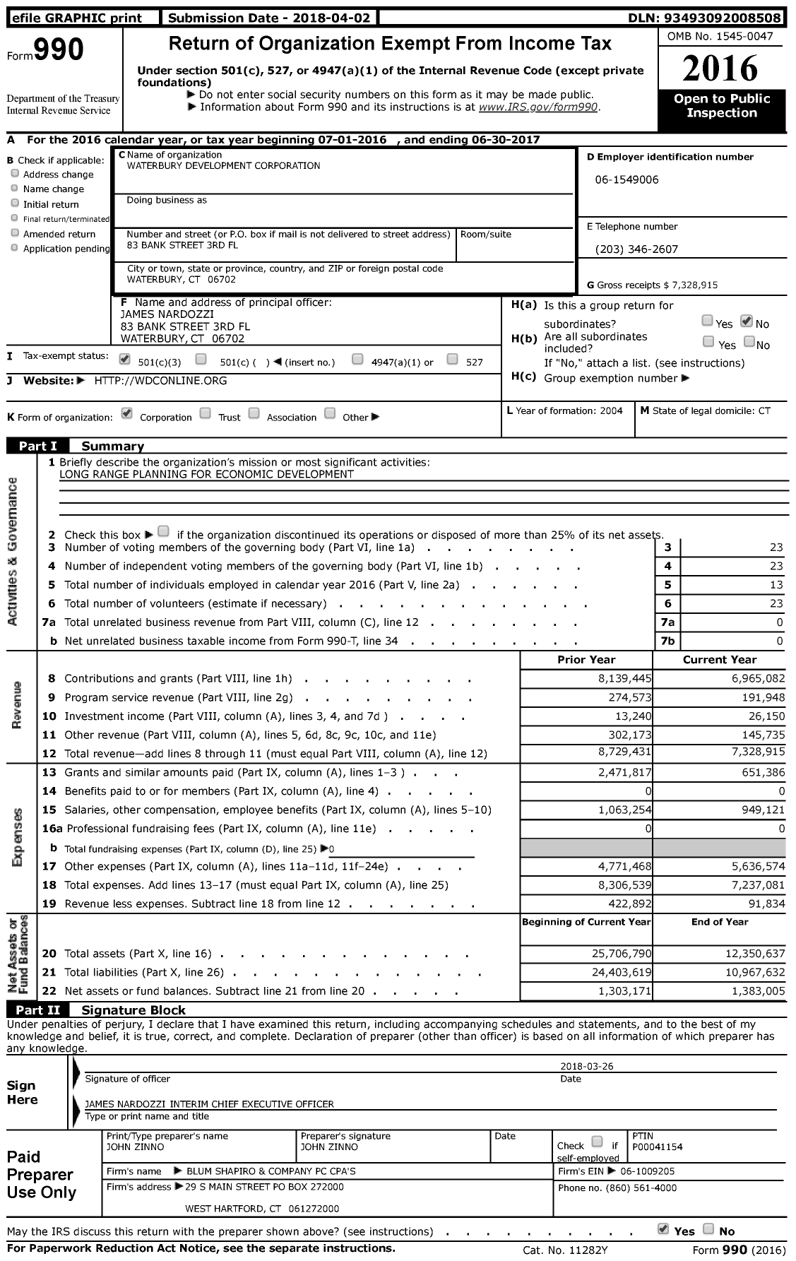 Image of first page of 2016 Form 990 for Waterbury Development Corporation